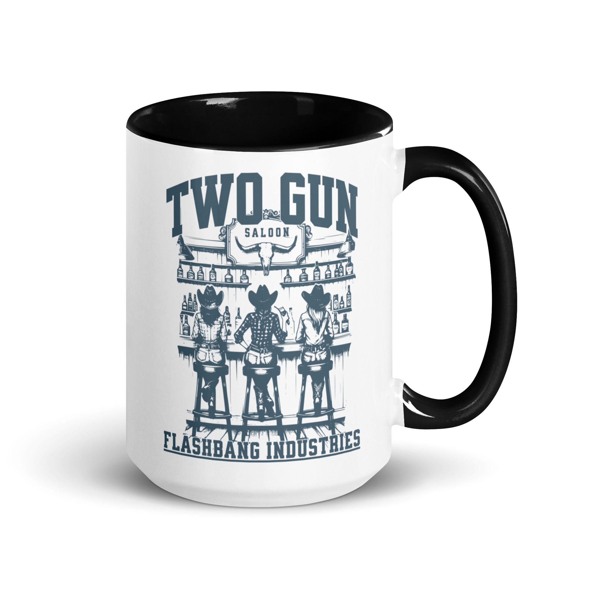 Mug with 'Two Gun Saloon' design and black handle on a white background