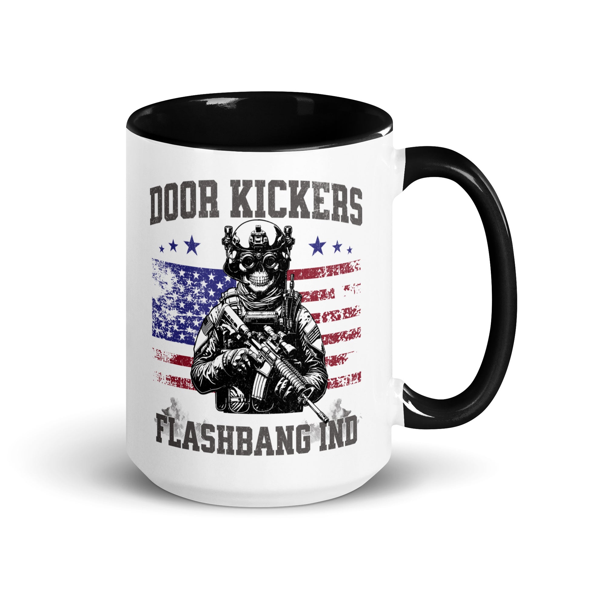 Mug with 'Door Kickers Flashbang IND' design featuring an American flag and a soldier holding a flashbang.