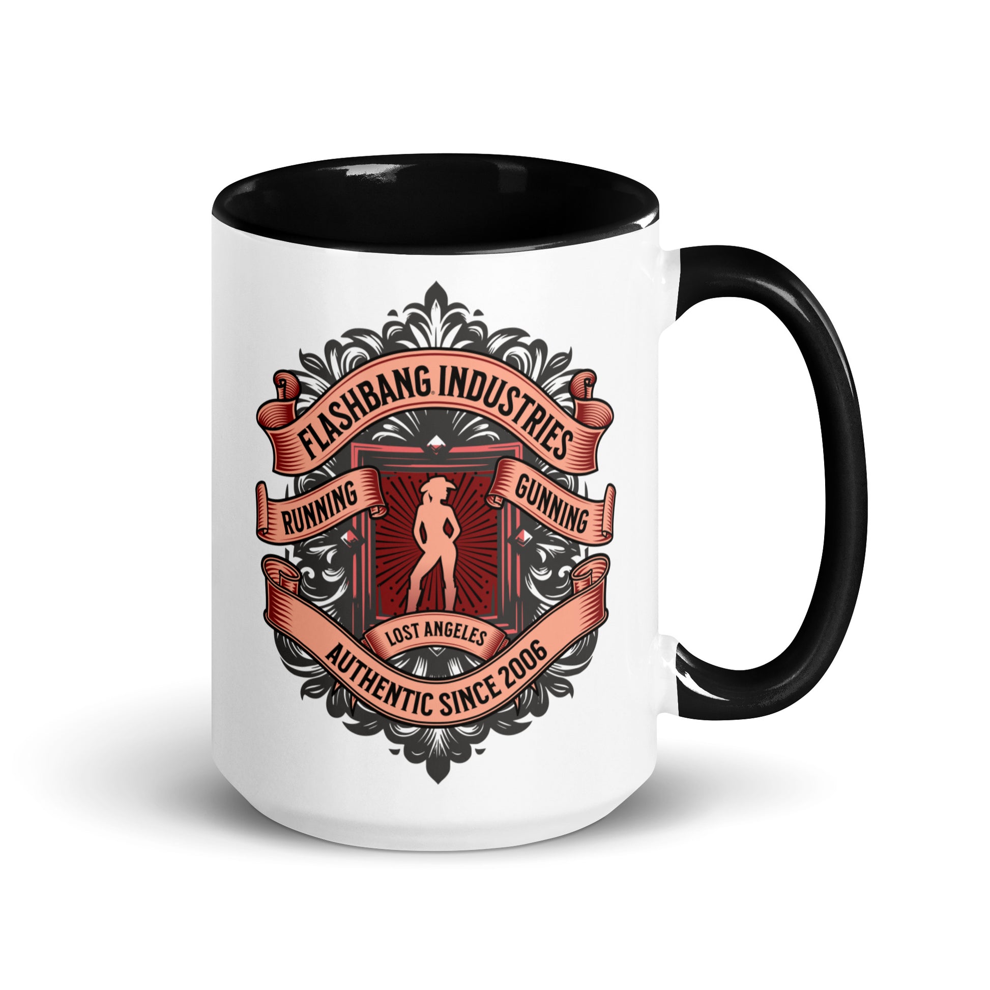 White mug with black interior and handle featuring 'Flashbang Industries' design.