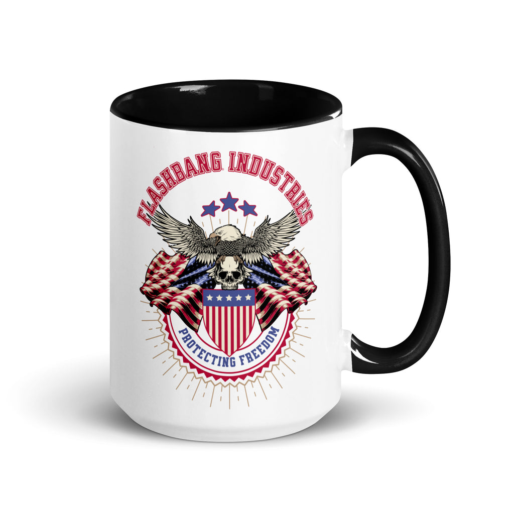 Mug with 'Flashbang Industries' design featuring an eagle and American flag on a white background.