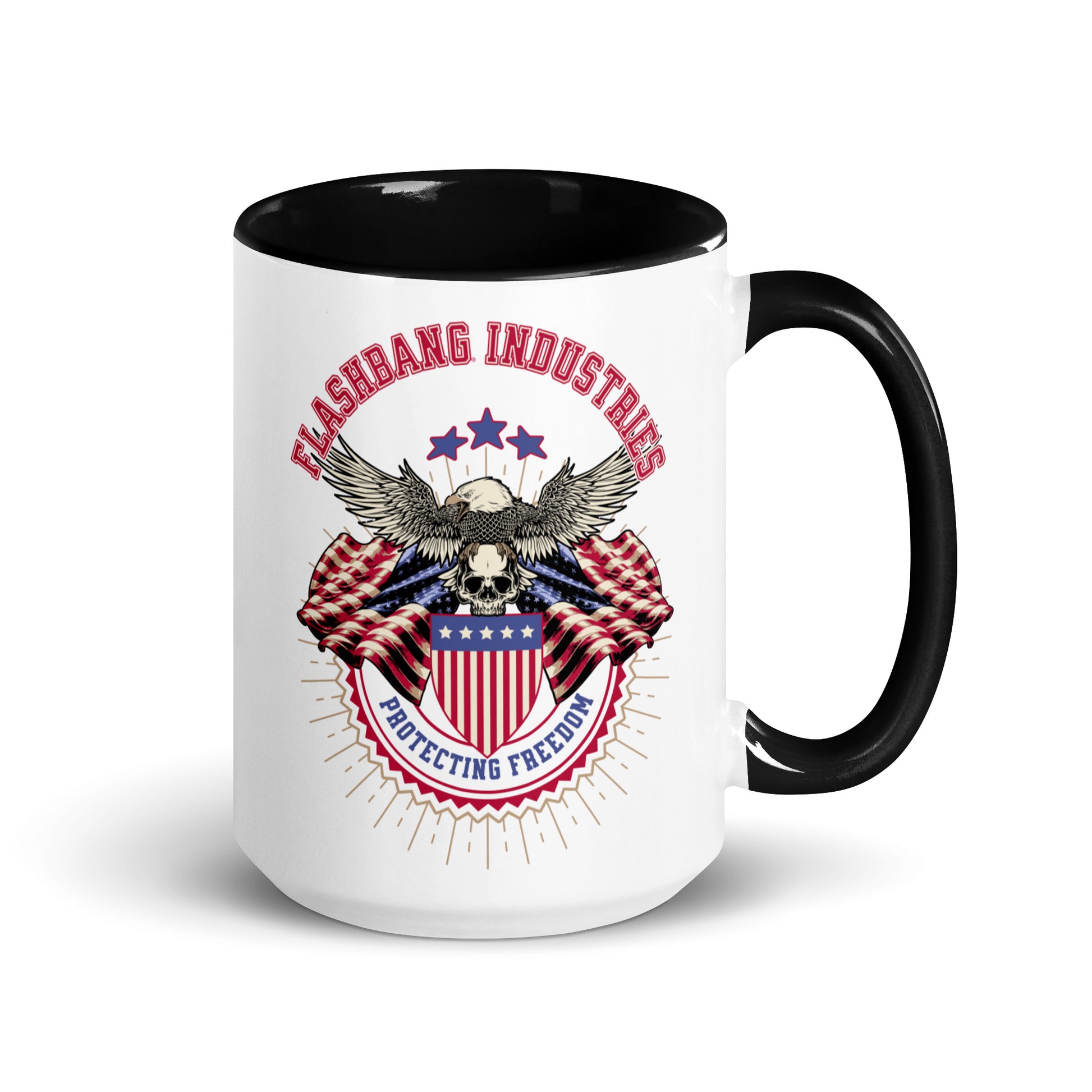 Mug with 'Flashbang Industries' design featuring an eagle and American flag on a white background.