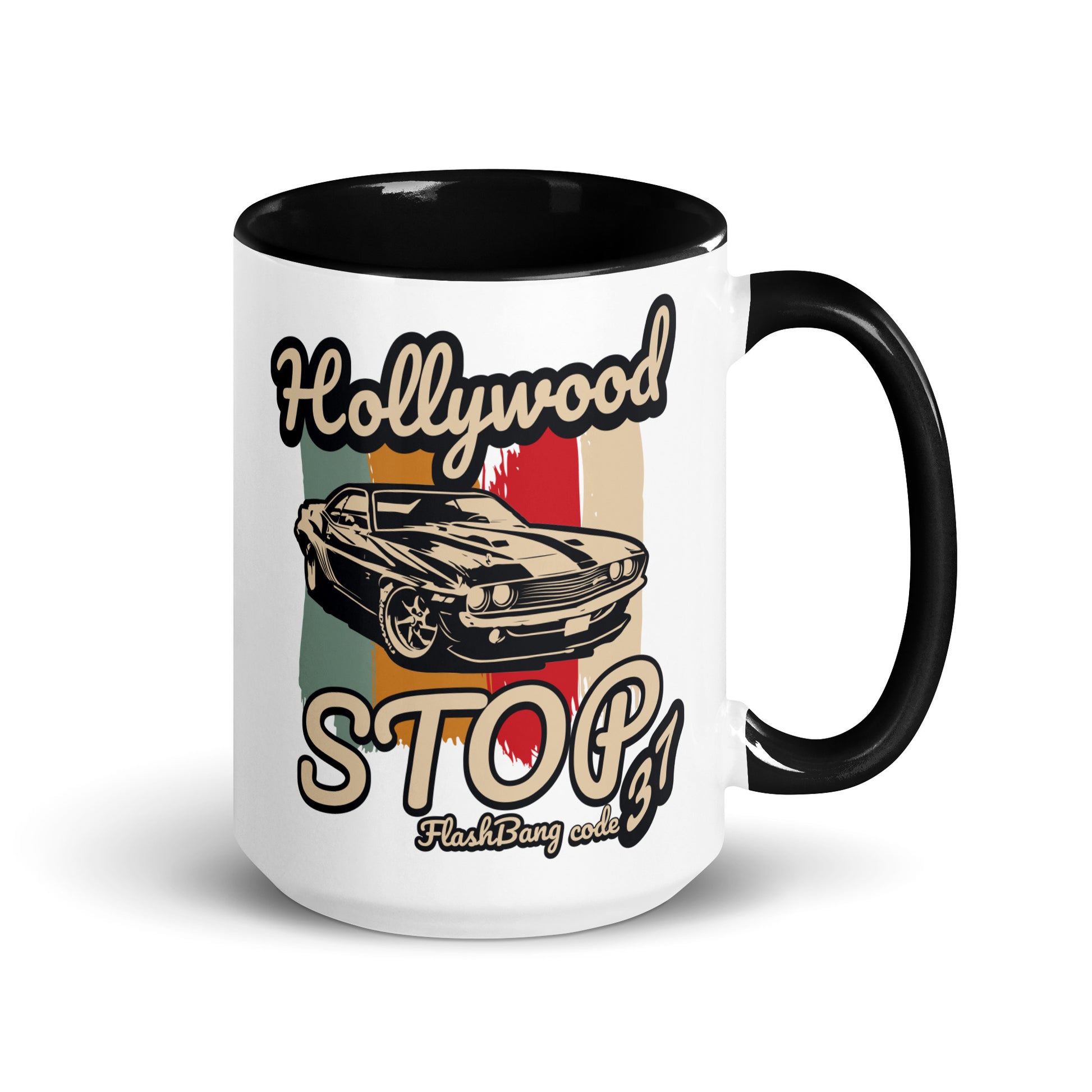 Mug with 'Hollywood Stop' design featuring a car and colorful background on a white background