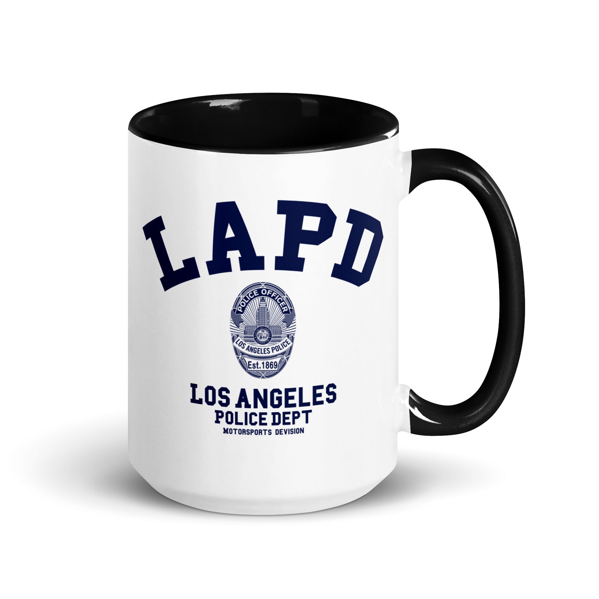 White mug with black interior and handle featuring LAPD Los Angeles Police Dept logo.