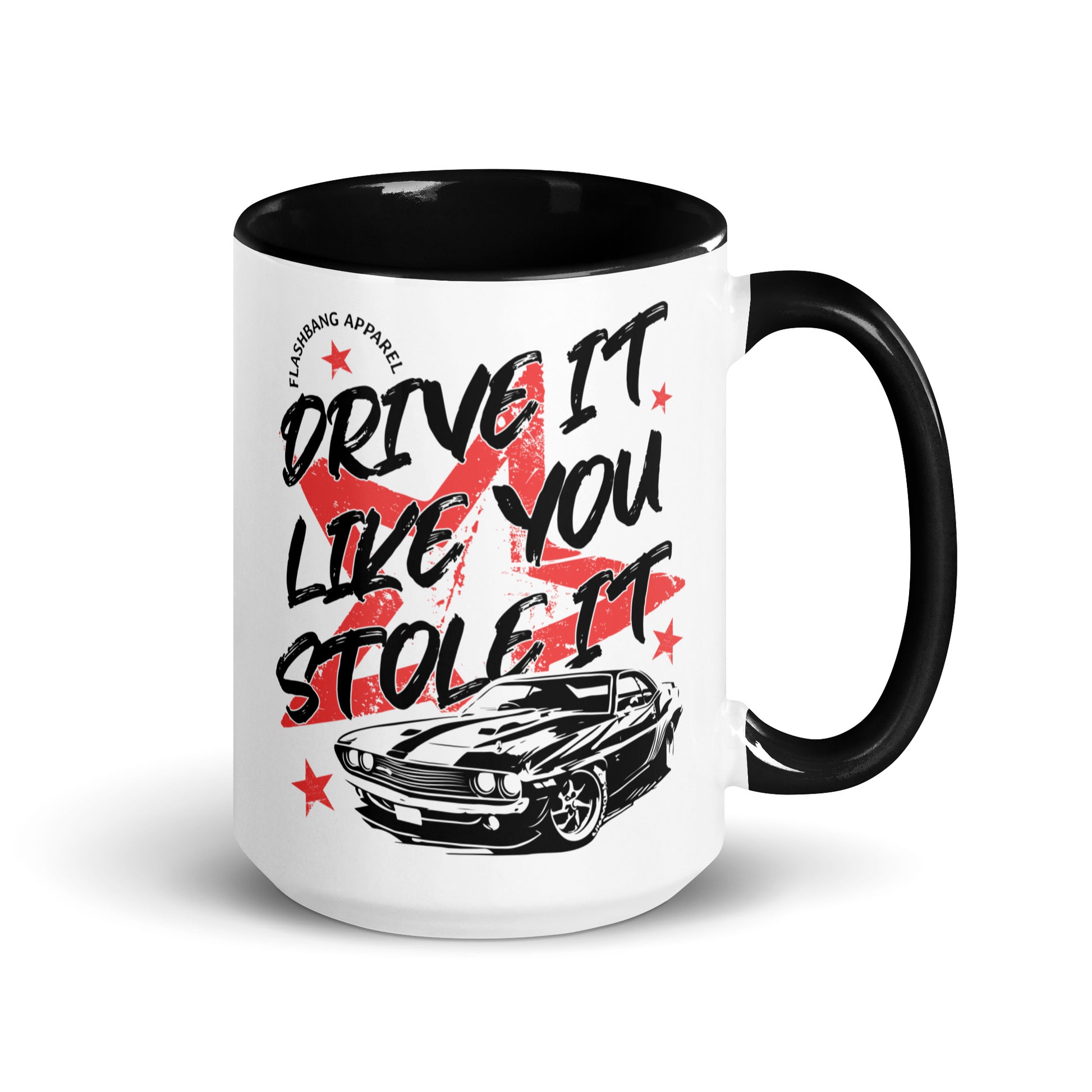 White mug with black interior and handle, featuring a car graphic and text on a white background.