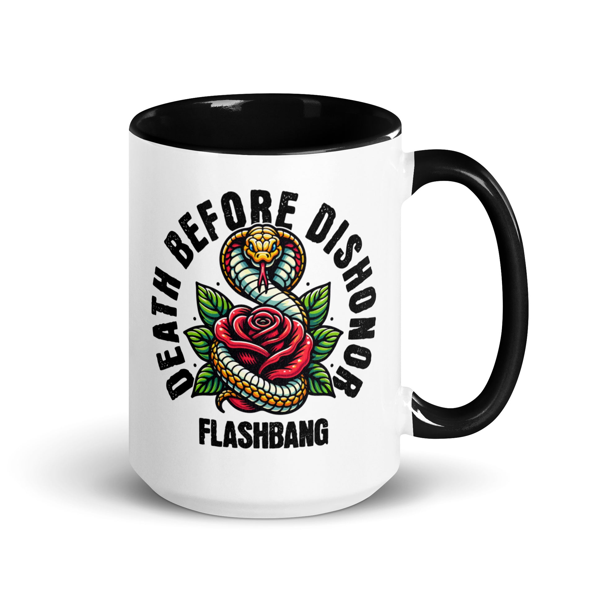 White mug with black interior and handle, featuring a snake and rose design with text.