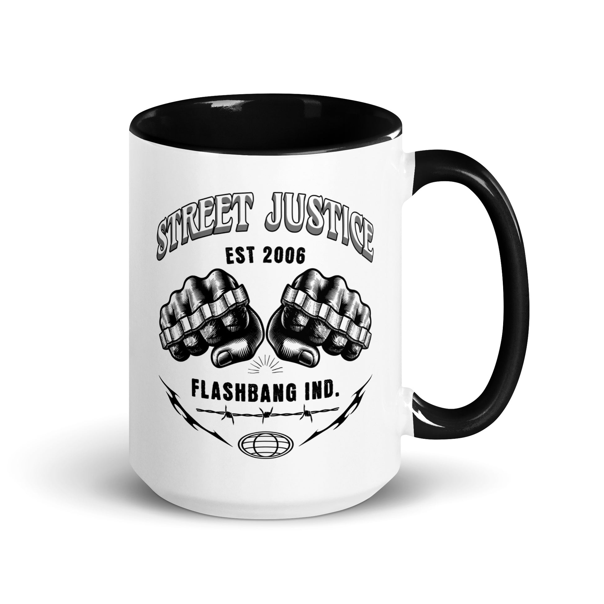 White mug with black interior and handle, featuring 'Street Justice' design with fists and barbed wire.