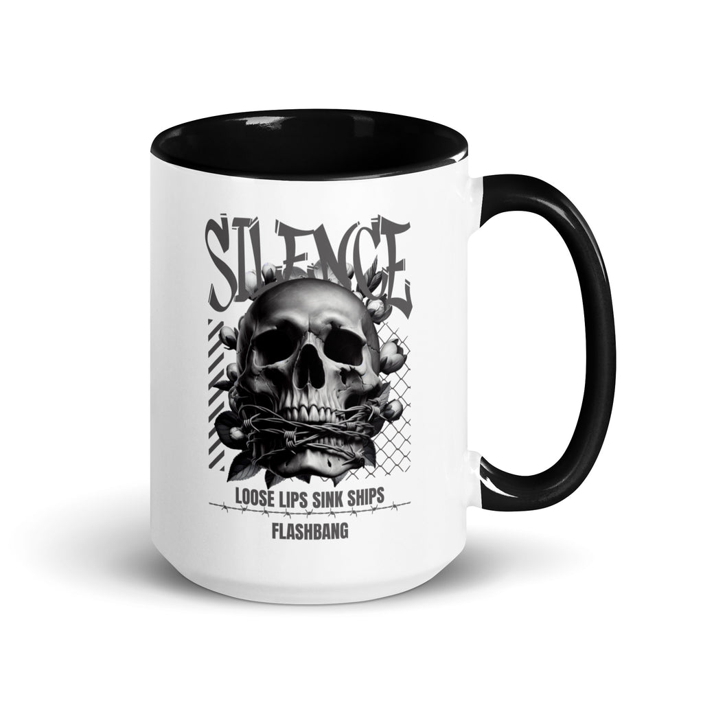 Mug with skull design and text on a white background