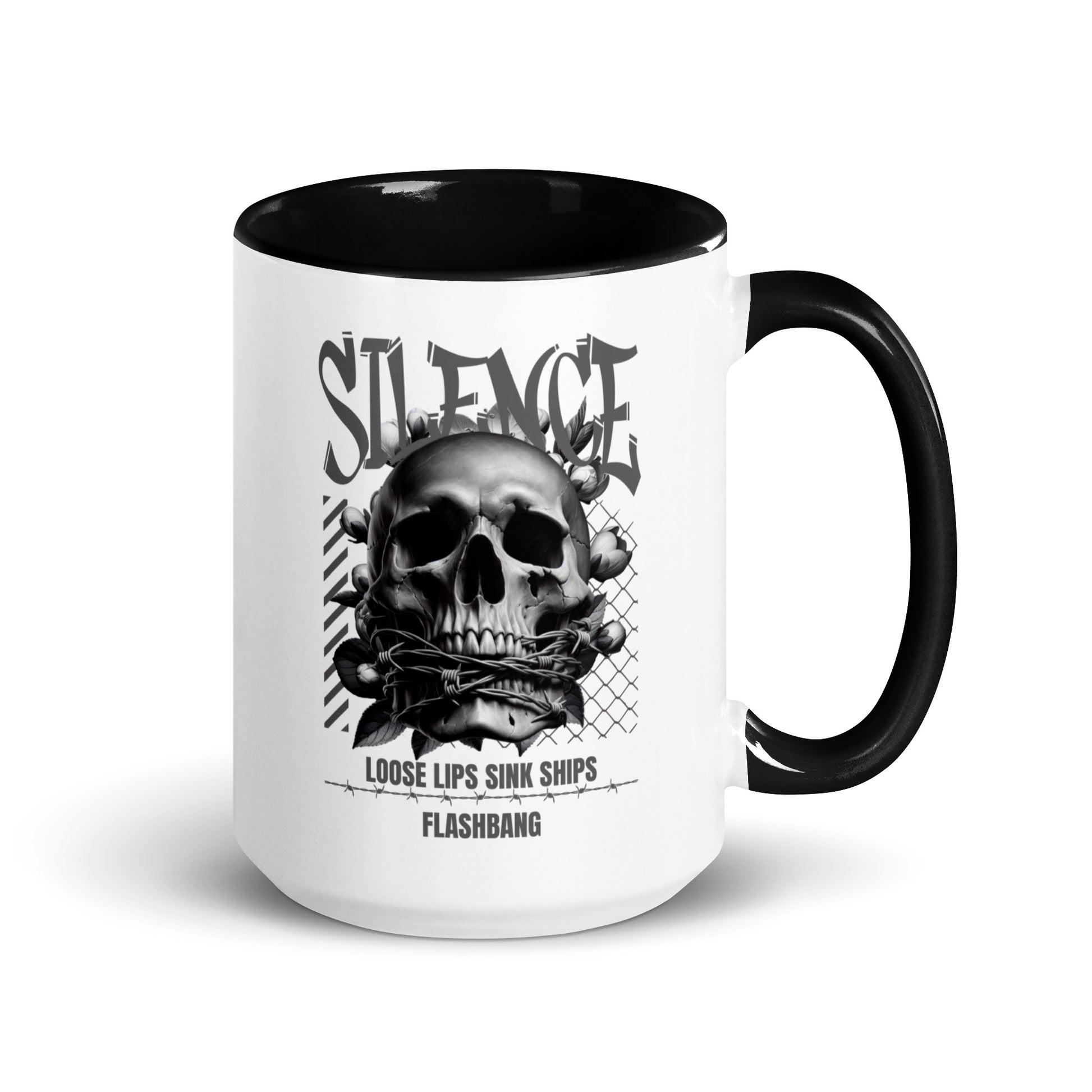 Mug with skull design and text on a white background