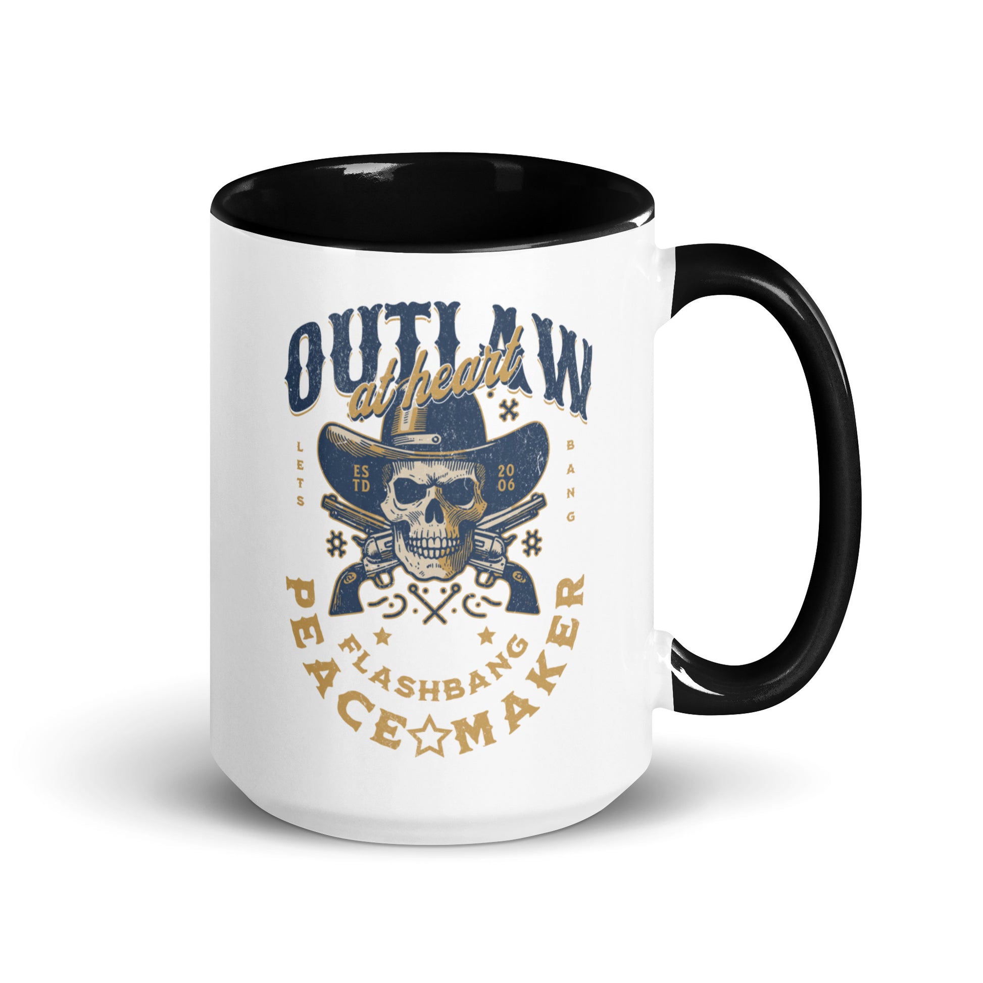 White mug with black interior and handle featuring a skull and crossbones design with text.