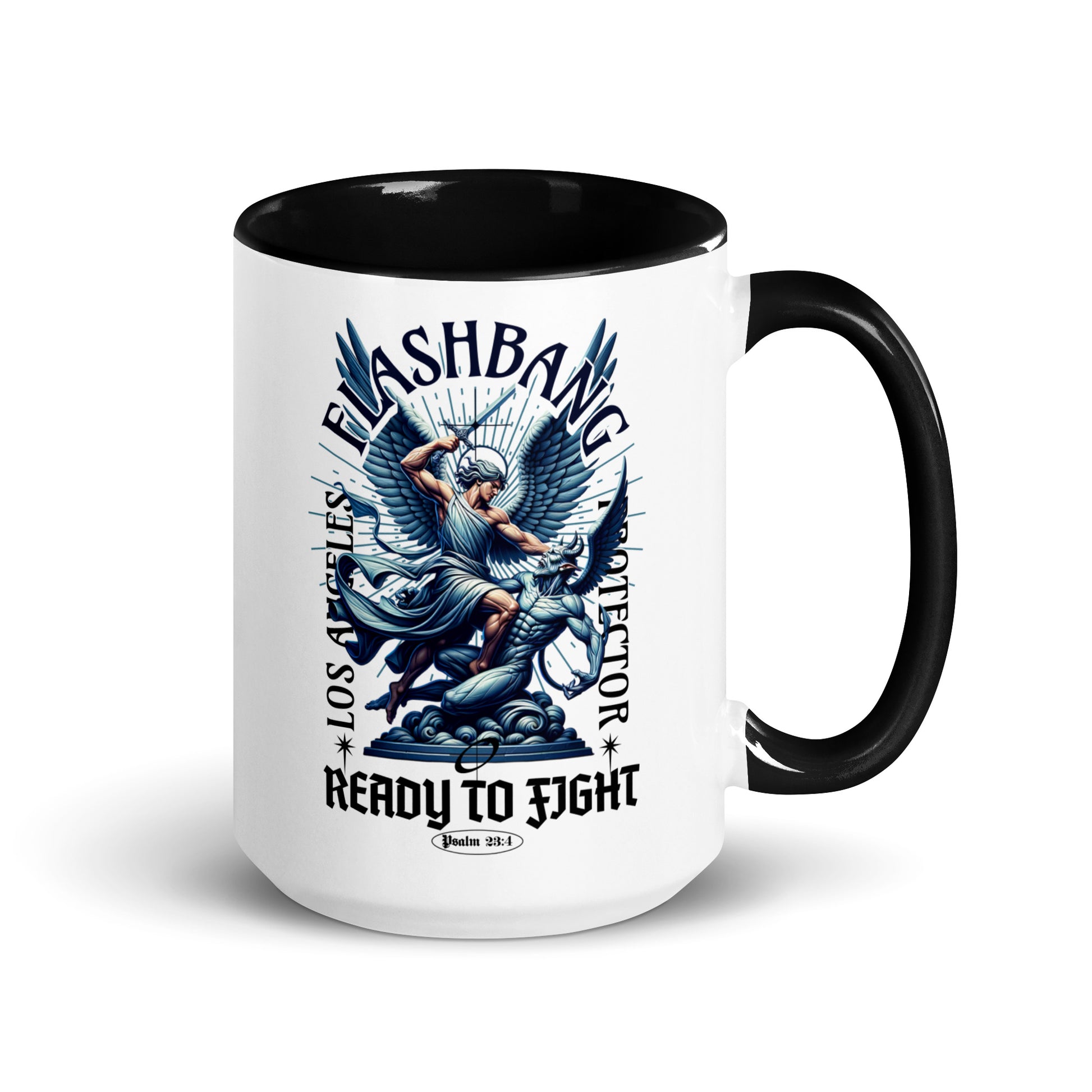 Mug with graphic design and text on a white background
