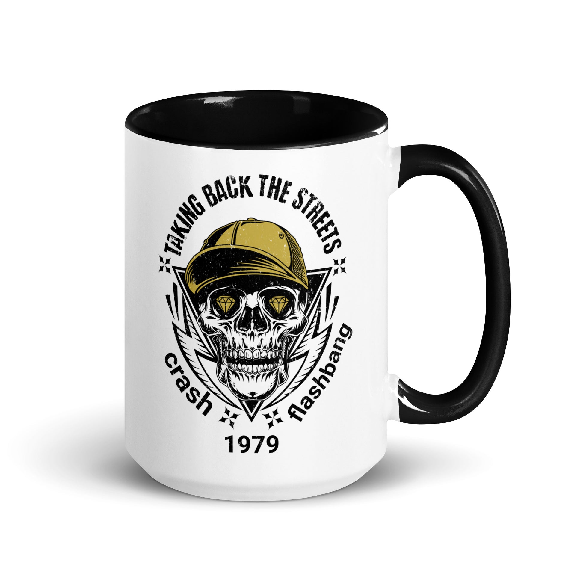 Mug with skull design and text on a white background
