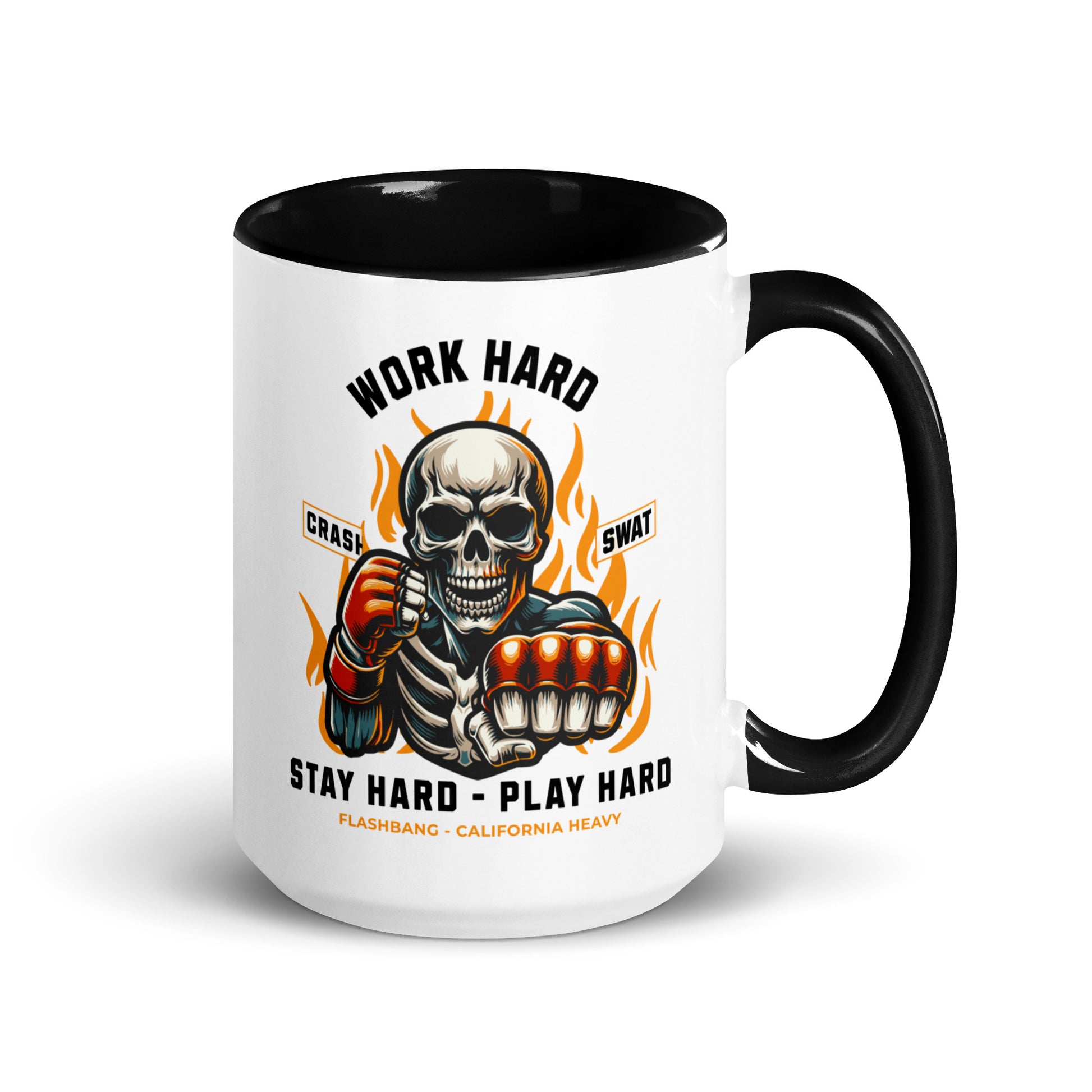 Mug with a skeleton design and text on a white background