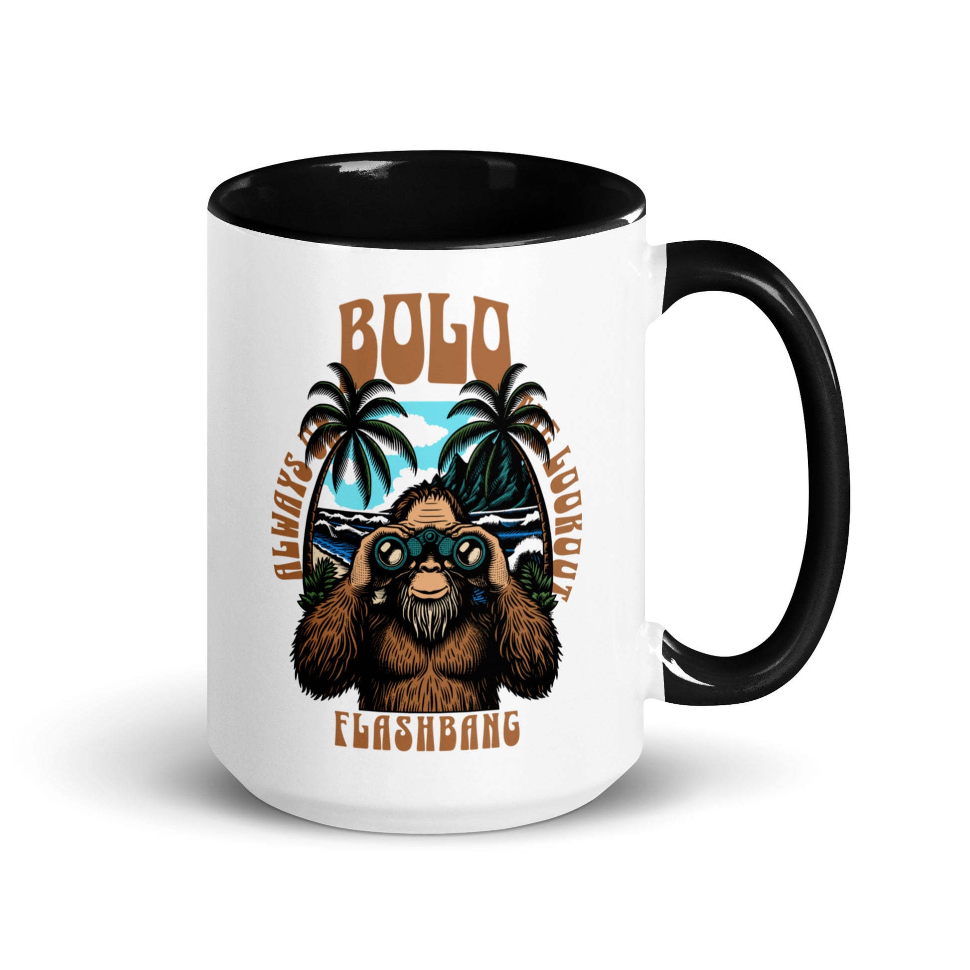 White mug with black handle and interior, featuring a graphic of a bear with binoculars and palm trees, with text 'Bolo Always Looks Out Flashbang'.