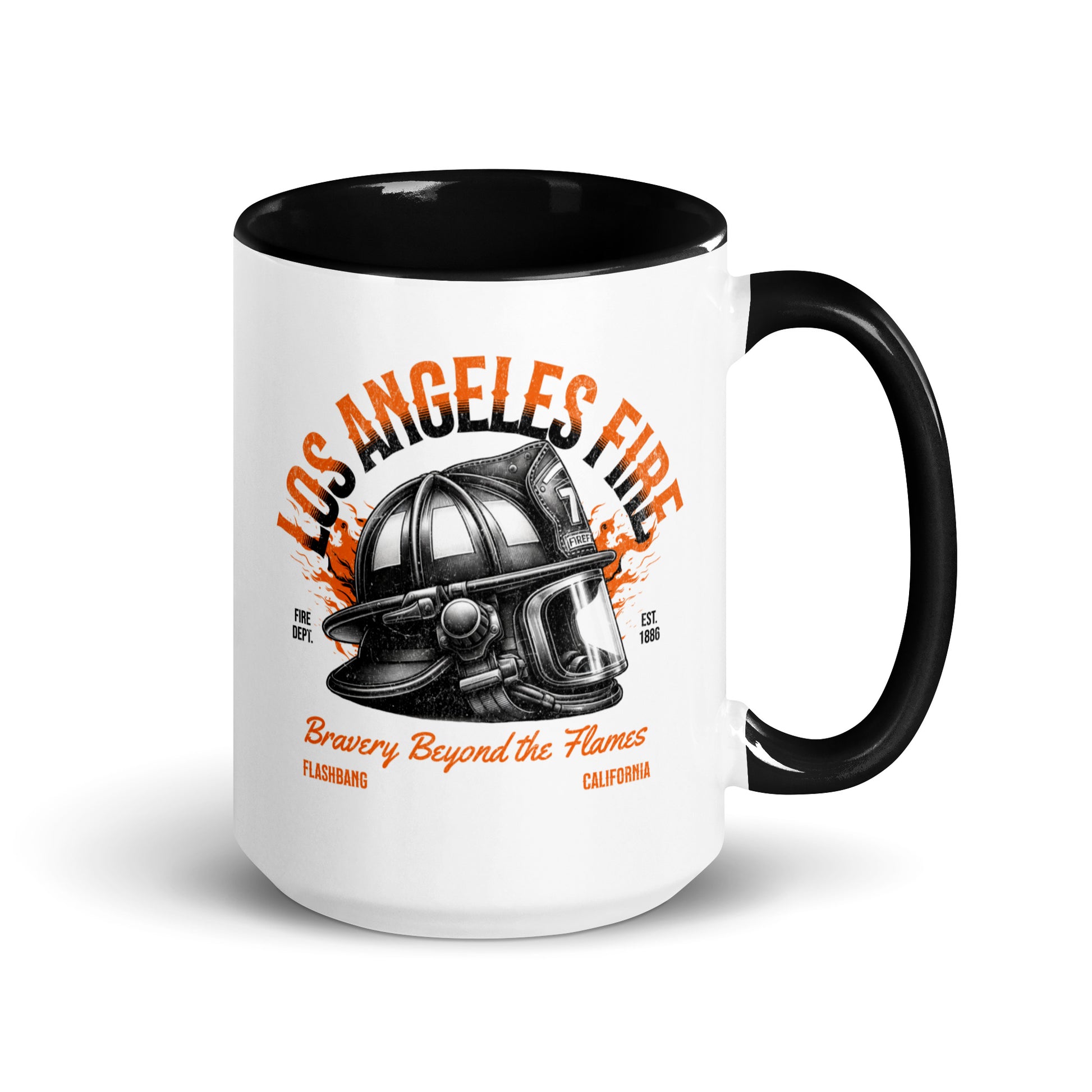White mug with black interior and handle featuring a fire helmet design and 'Los Angeles Fire' text.
