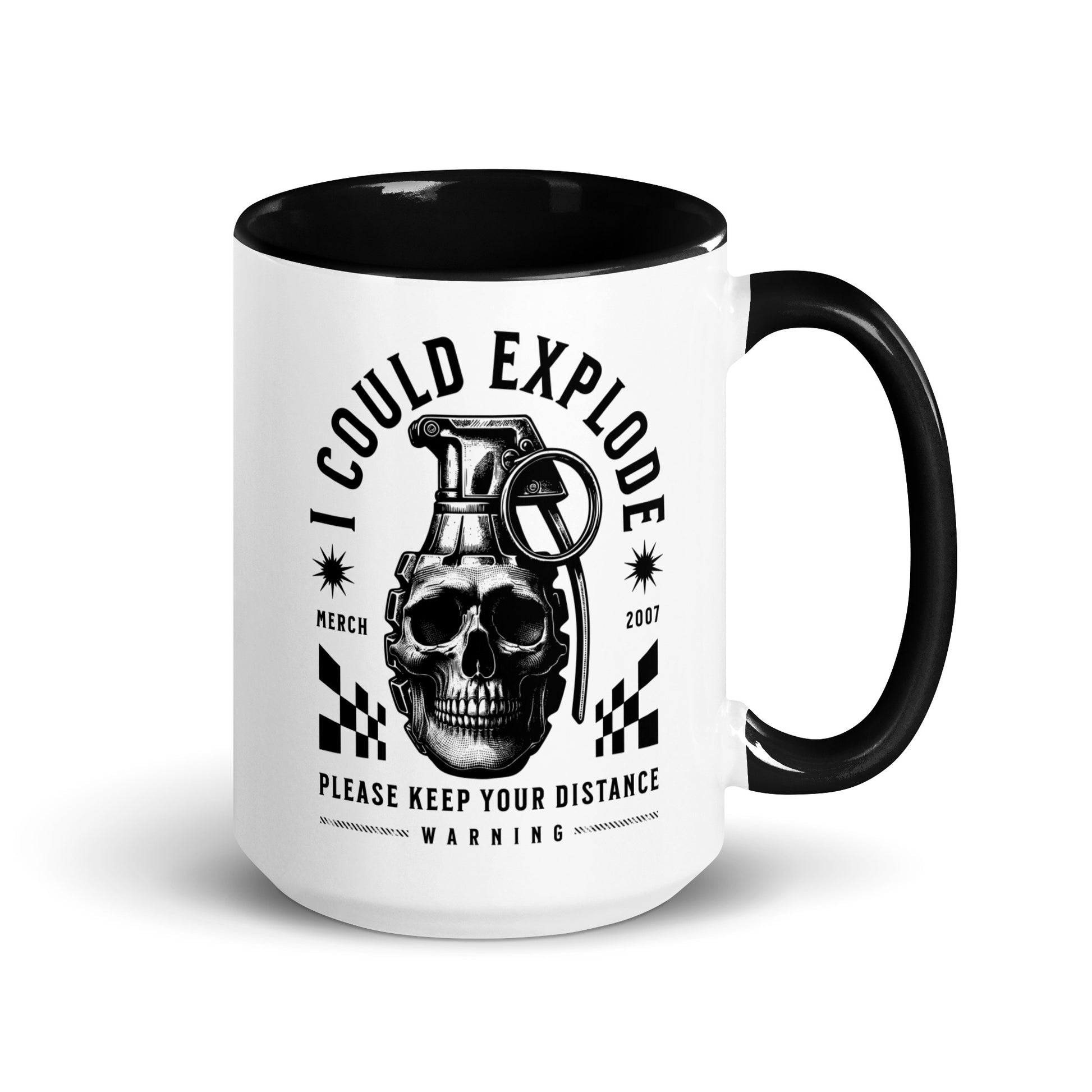 White mug with black interior and handle featuring a graphic of a skull and grenade with text.