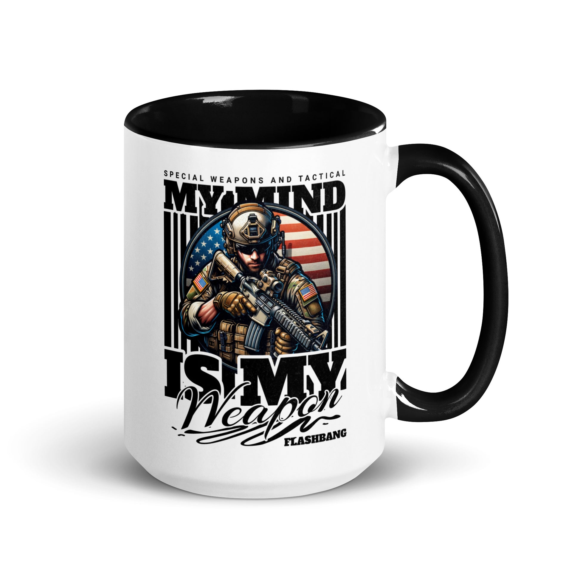 Mug with military-themed design and text on a white background