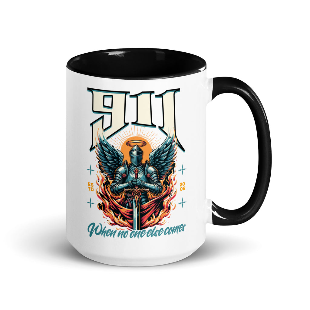 Mug with black interior and handle featuring a graphic design of a winged figure and text on a white background.