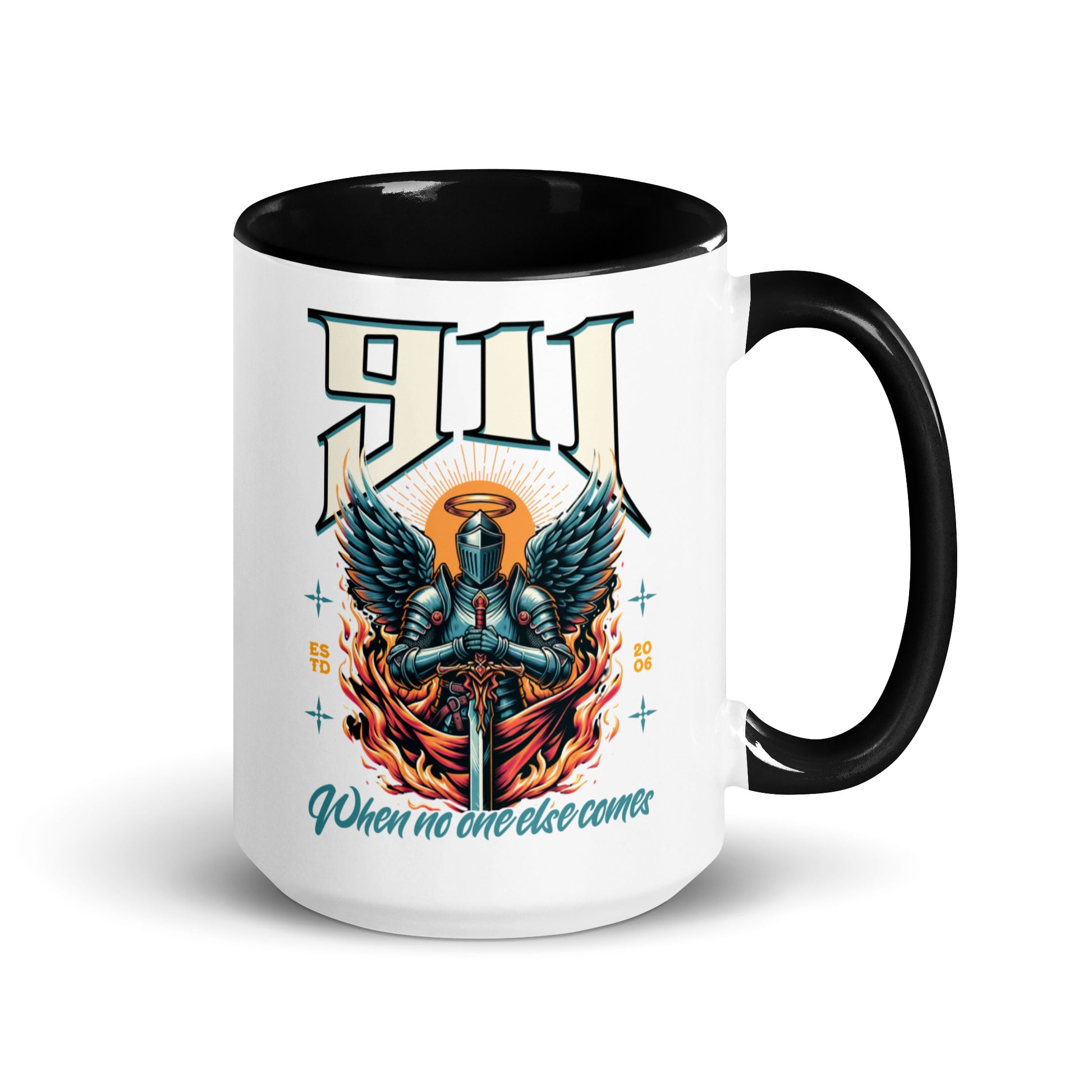 Mug with black interior and handle featuring a graphic design of a winged figure and text on a white background.
