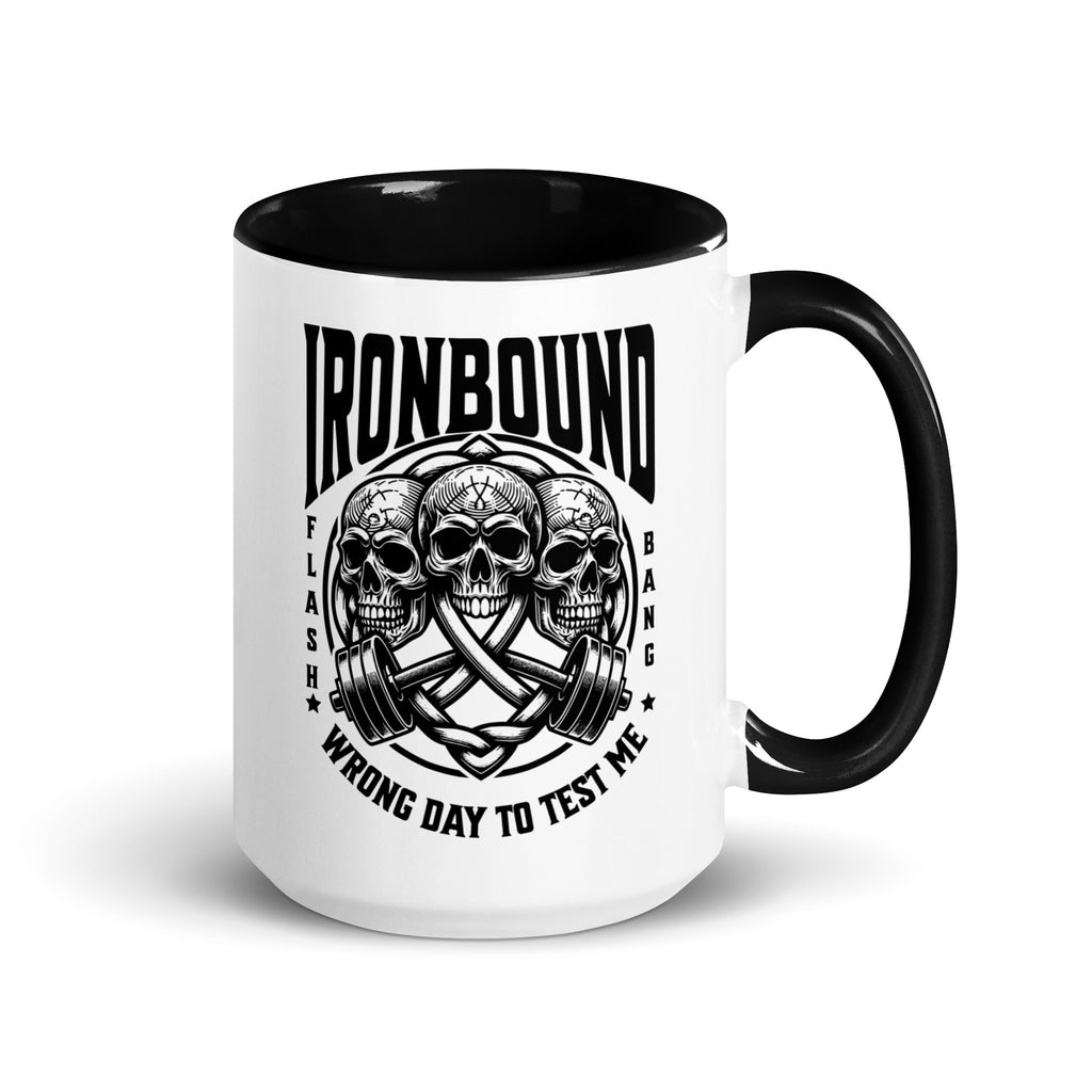 White mug with black interior and handle, featuring skull and barbell design with text.