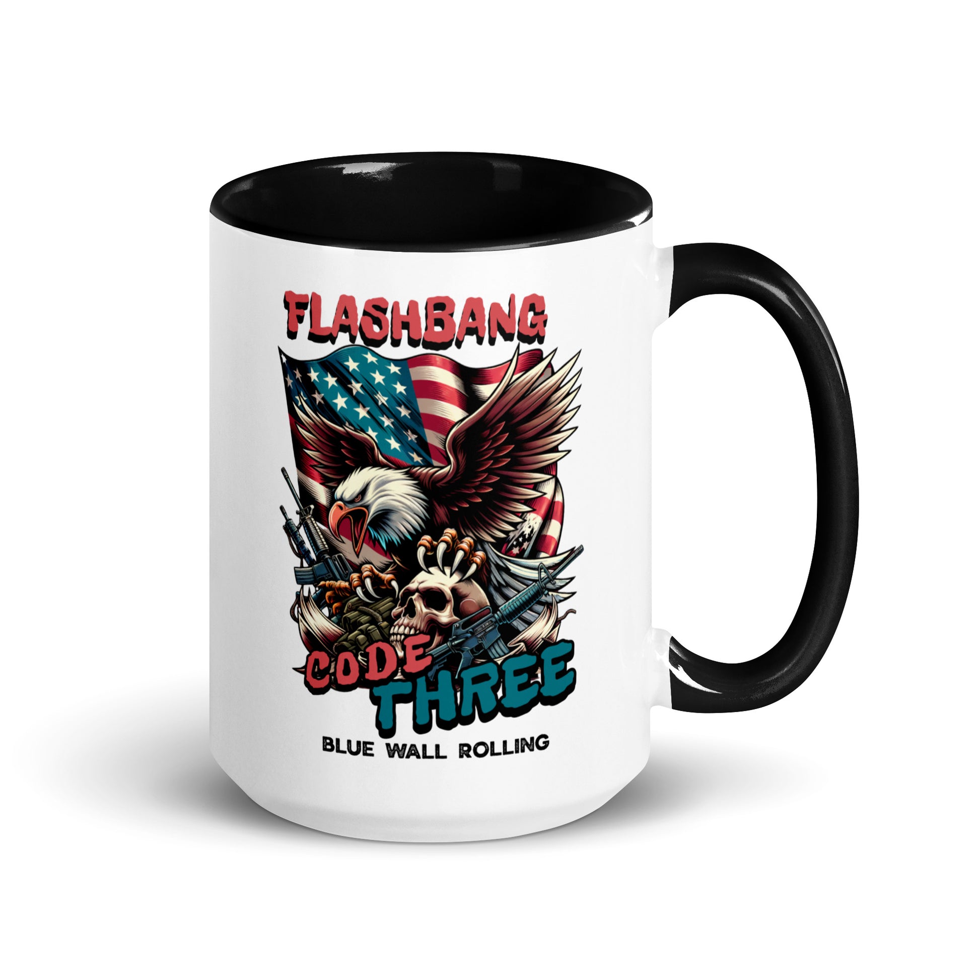 Mug with 'Flashbang Code Three' design featuring an eagle and American flag on a white background.