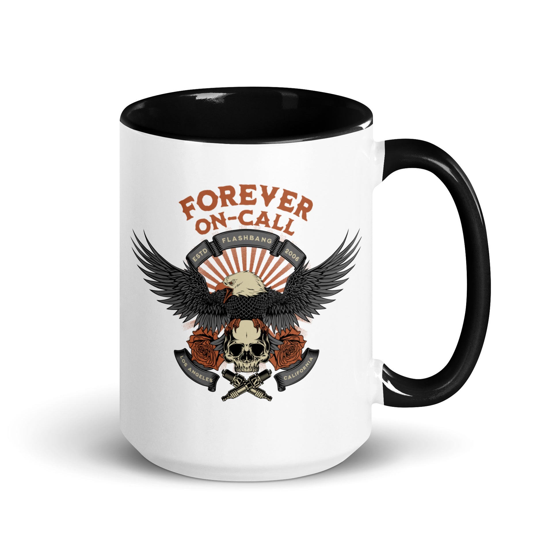 Mug with eagle, skull, and crossed axes design on a white background