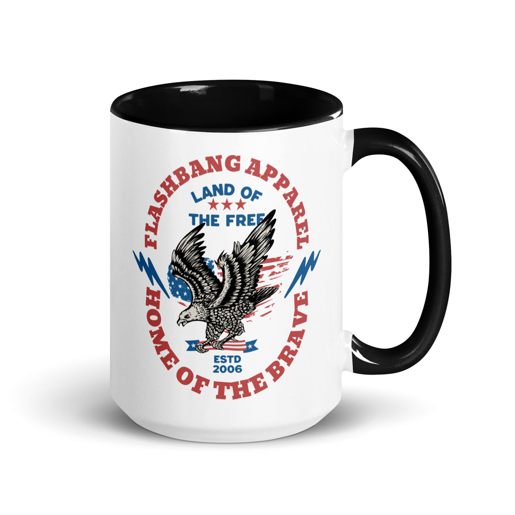White mug with black handle featuring an eagle design and text on a white background