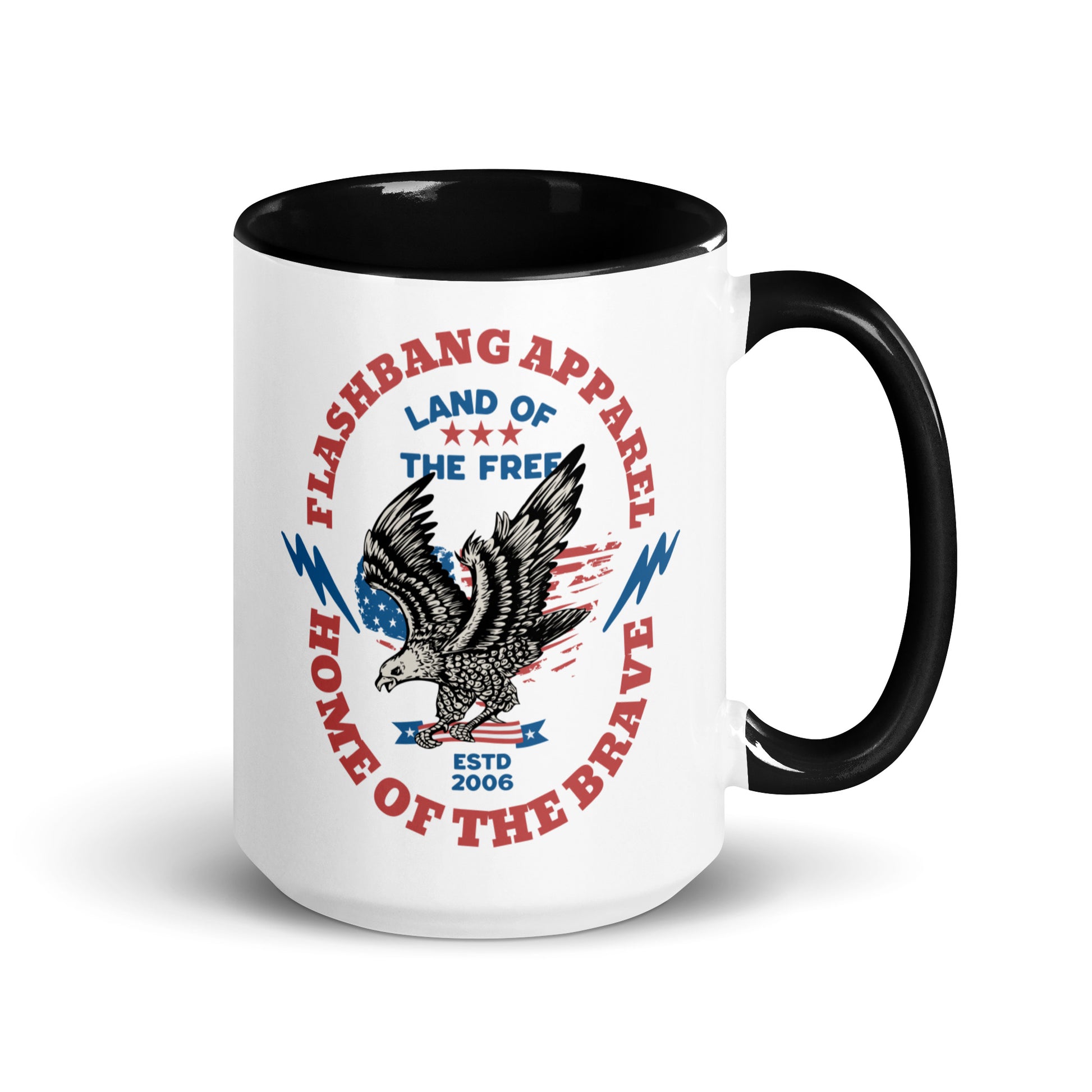 White mug with black handle featuring an eagle design and text on a white background