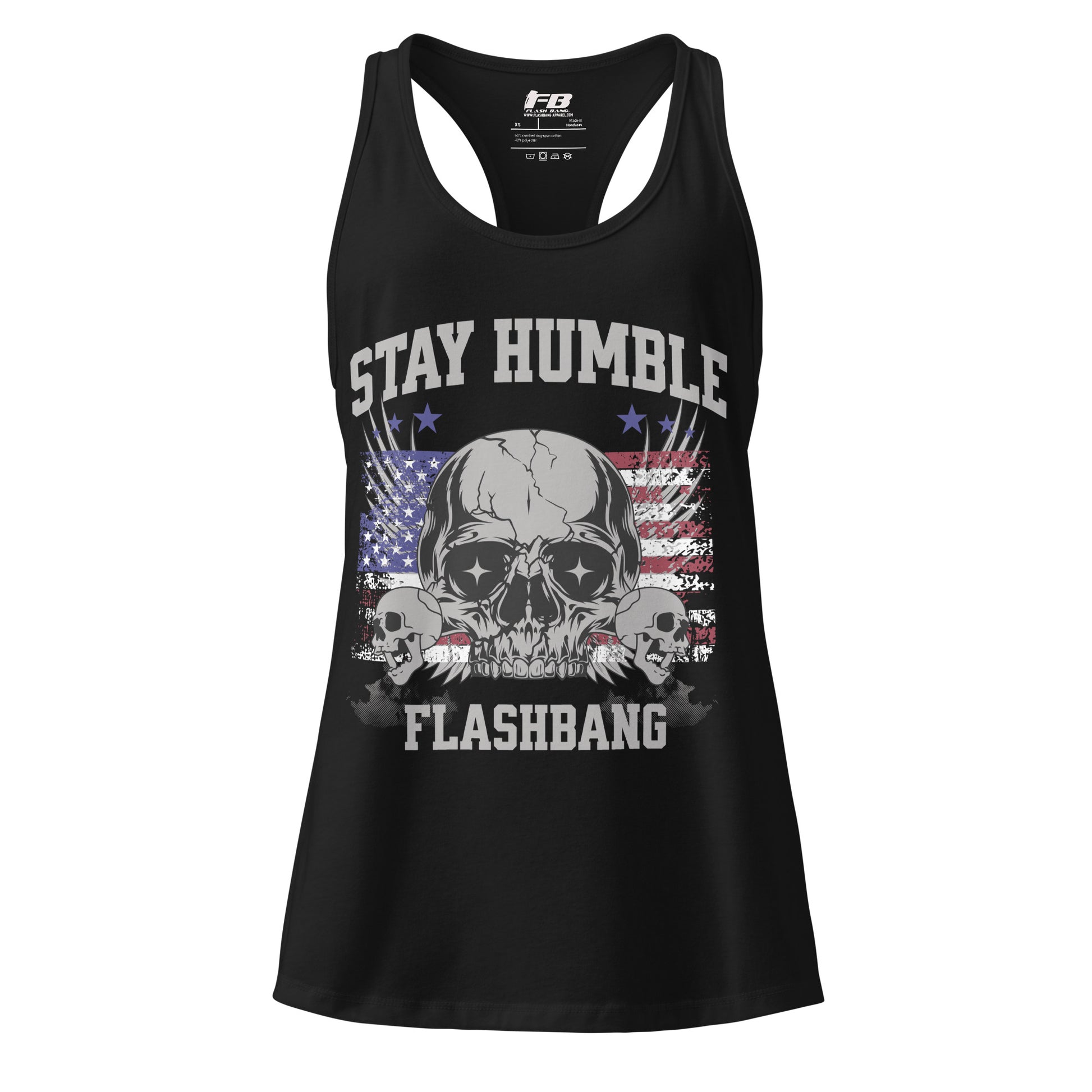 Black tank top with skull design and 'Stay Humble Flashbang' text on a white background