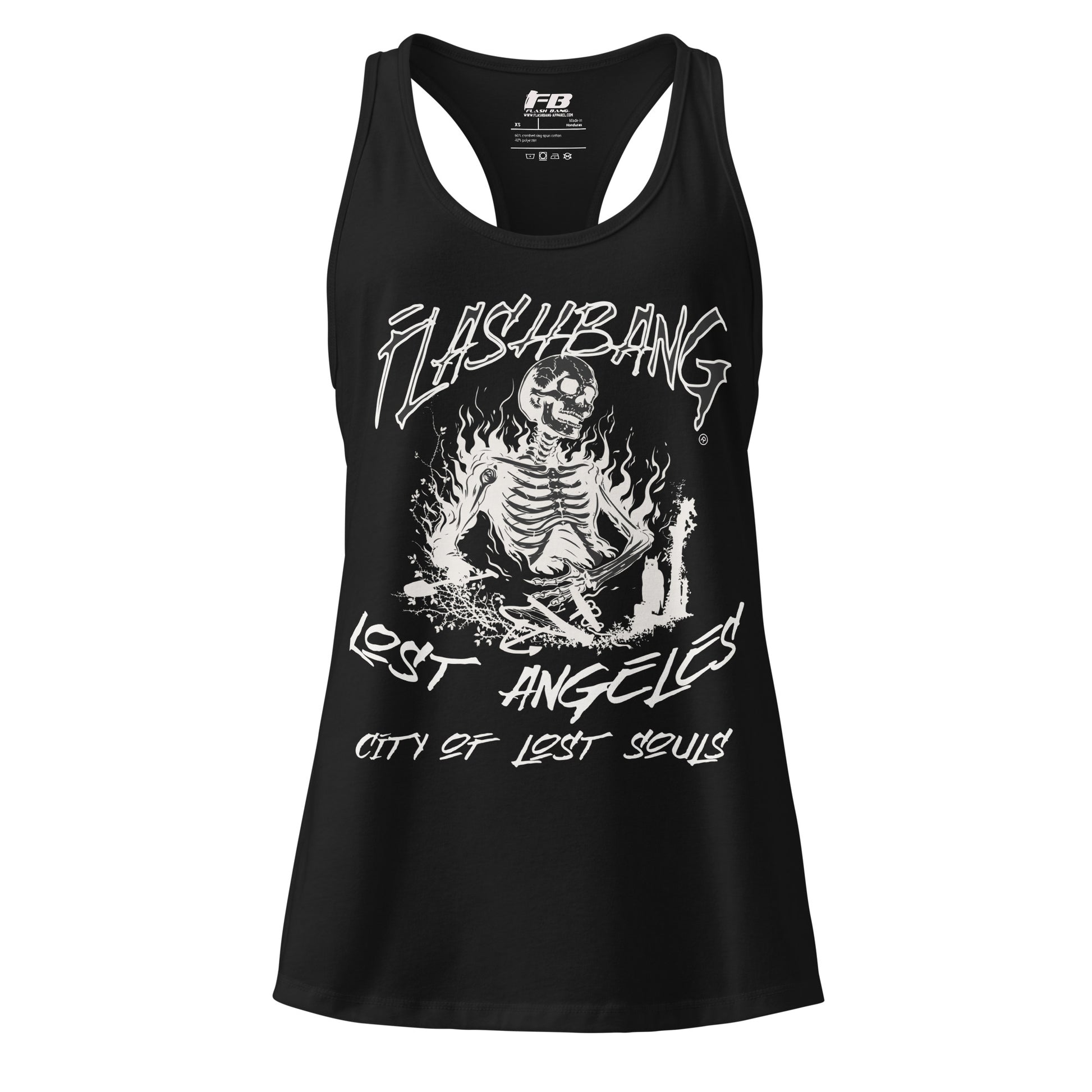 Black tank top with white graphic design and text on a white background