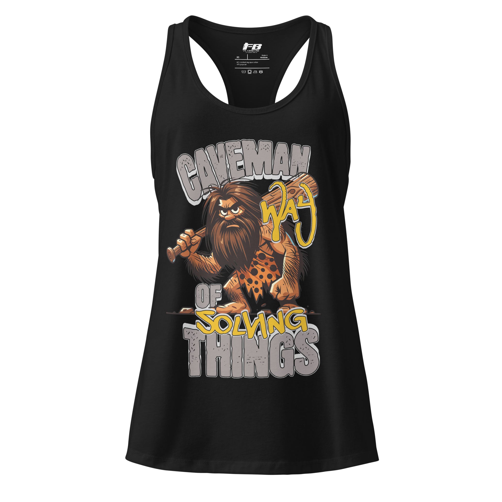 Black tank top with a graphic of a caveman and text on a white background