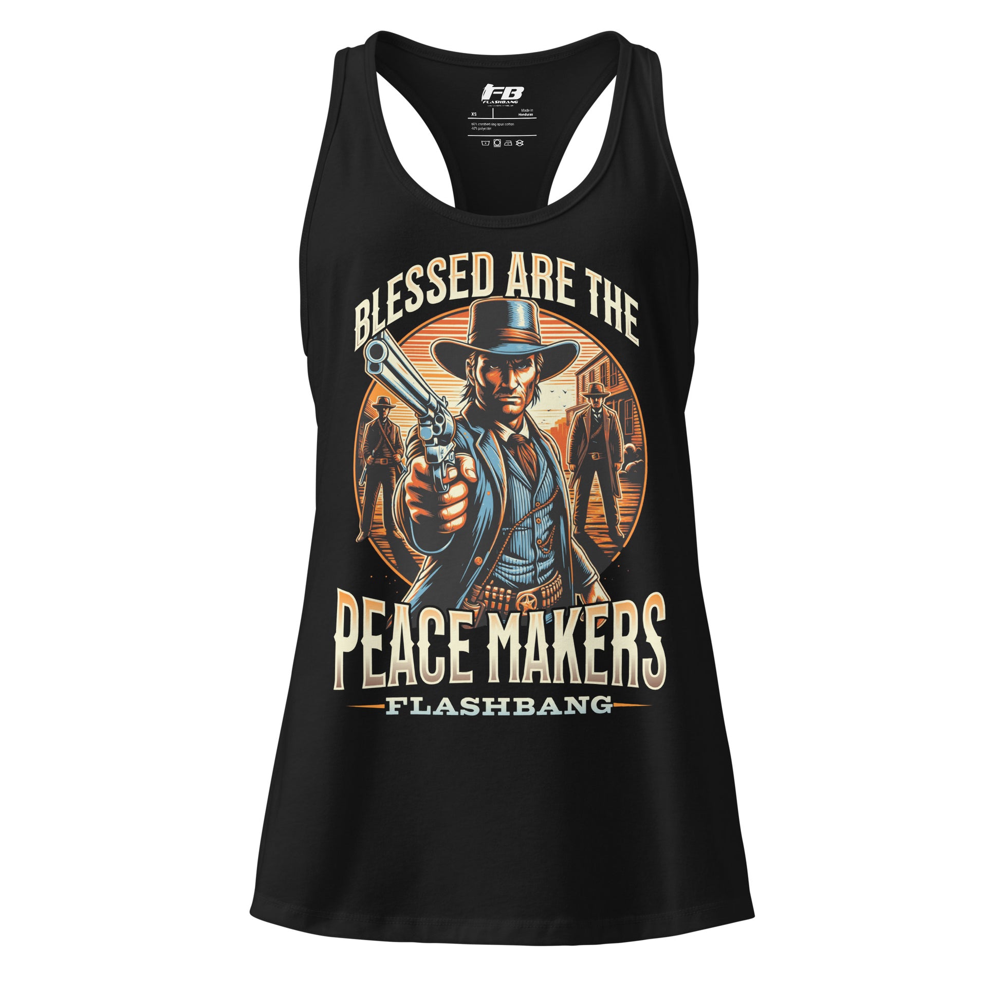 Black tank top with a graphic design of a cowboy holding a gun and text 'Blessed are the Peace Makers Flashbang' on a white background.