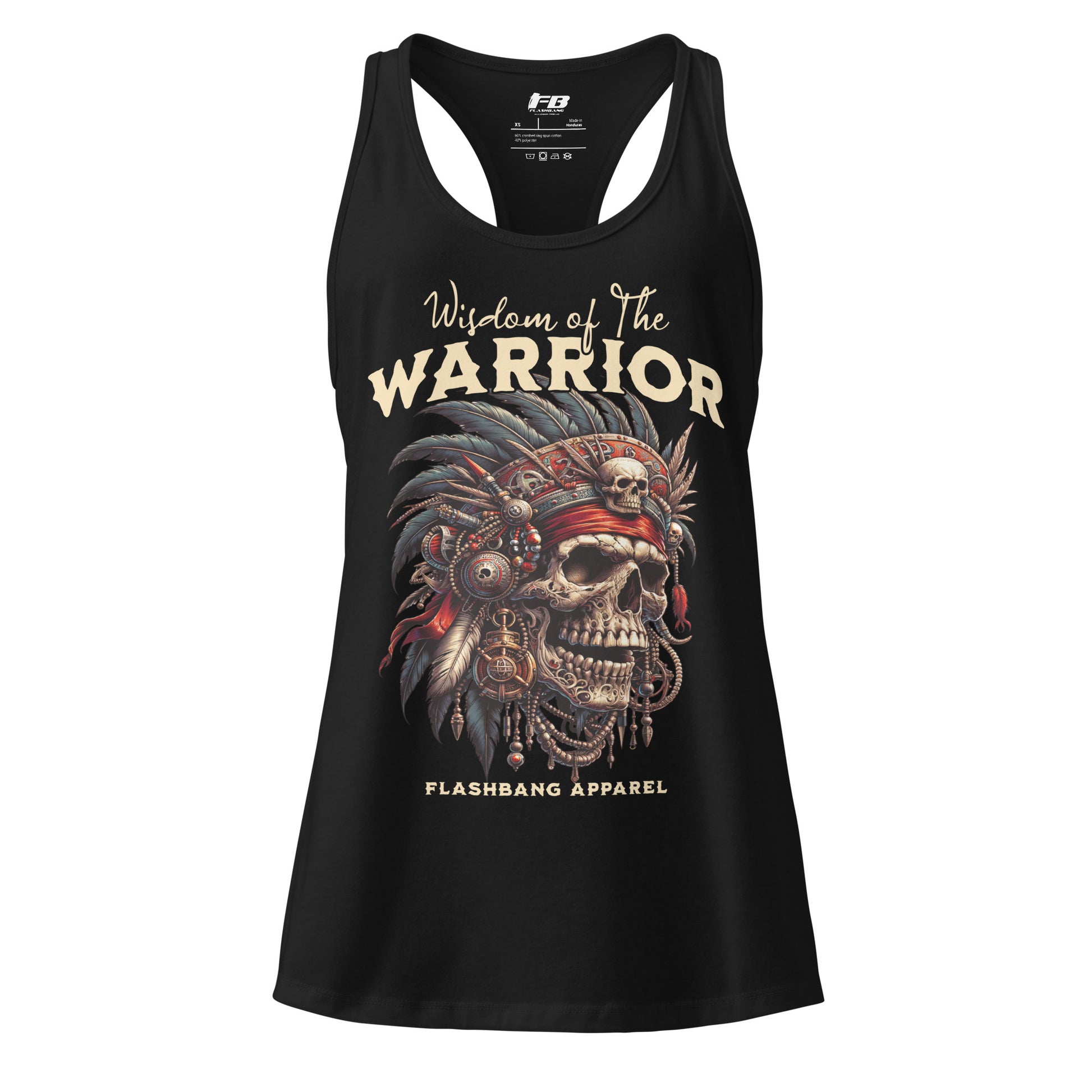 Black tank top with warrior design and 'Flashbang Apparel' branding on a white background