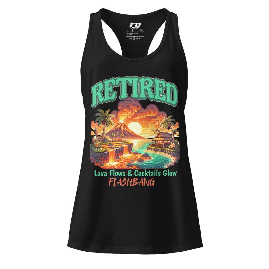 Black tank top with a colorful graphic design on a white background