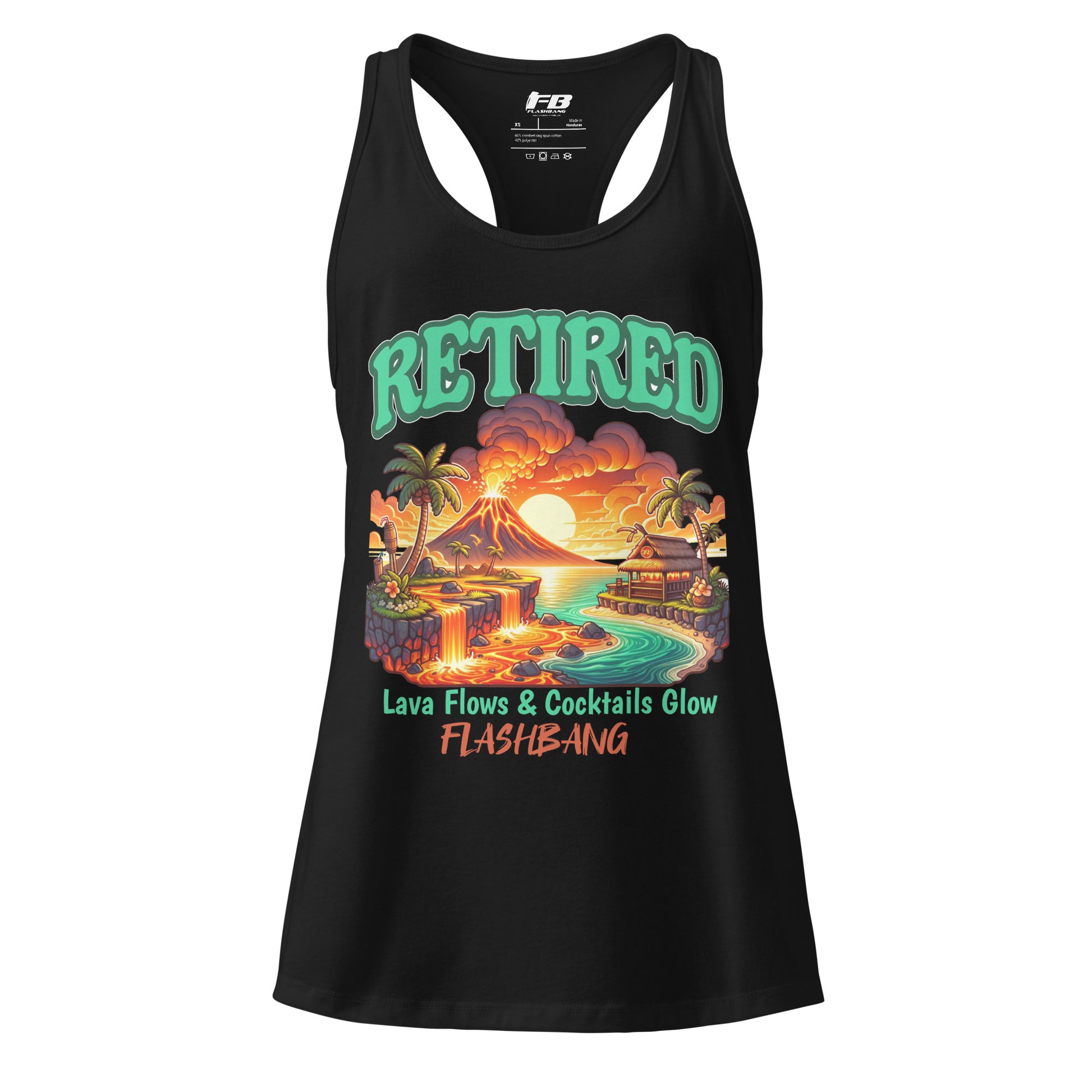 Black tank top with a colorful graphic design on a white background