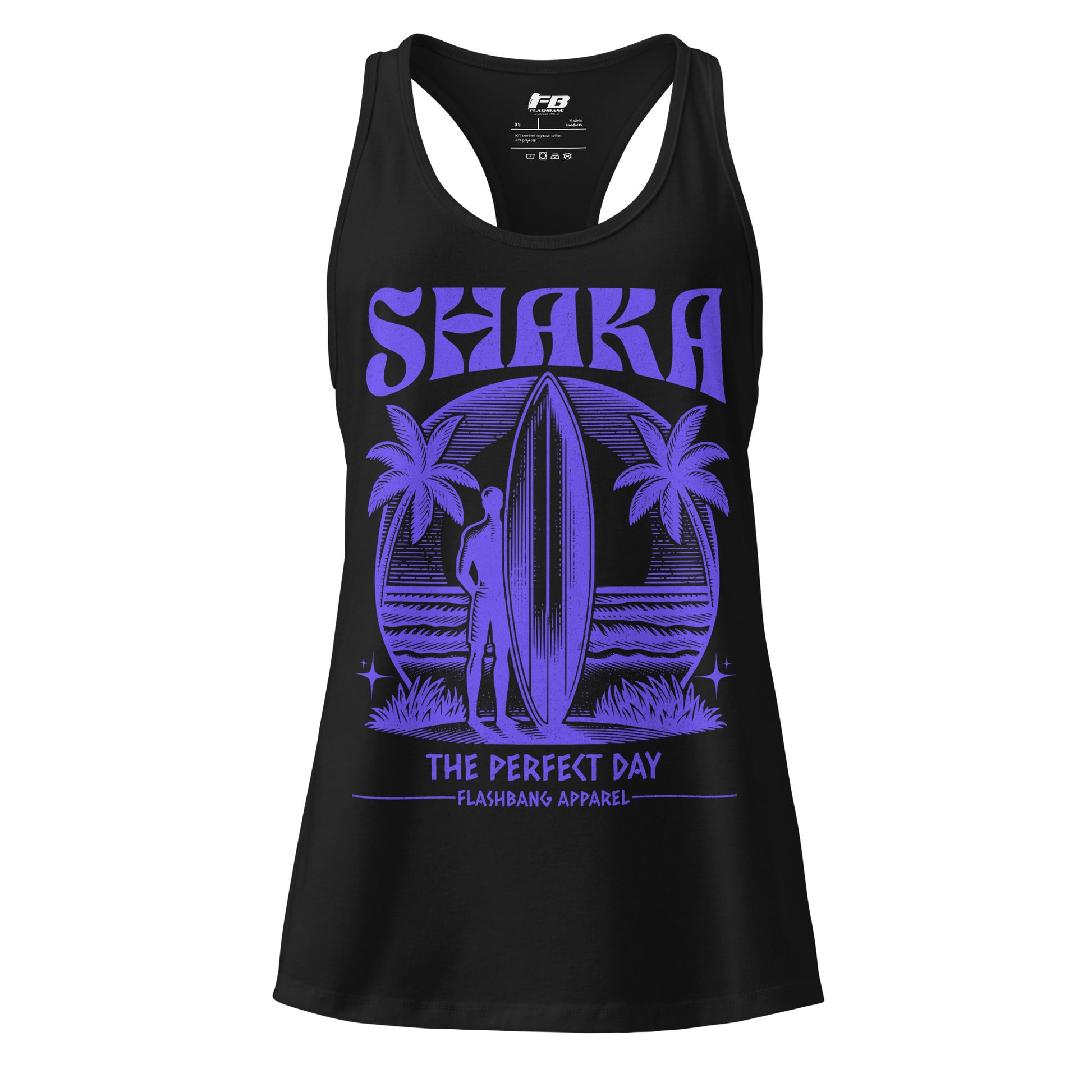 Black tank top with purple graphic design on a white background