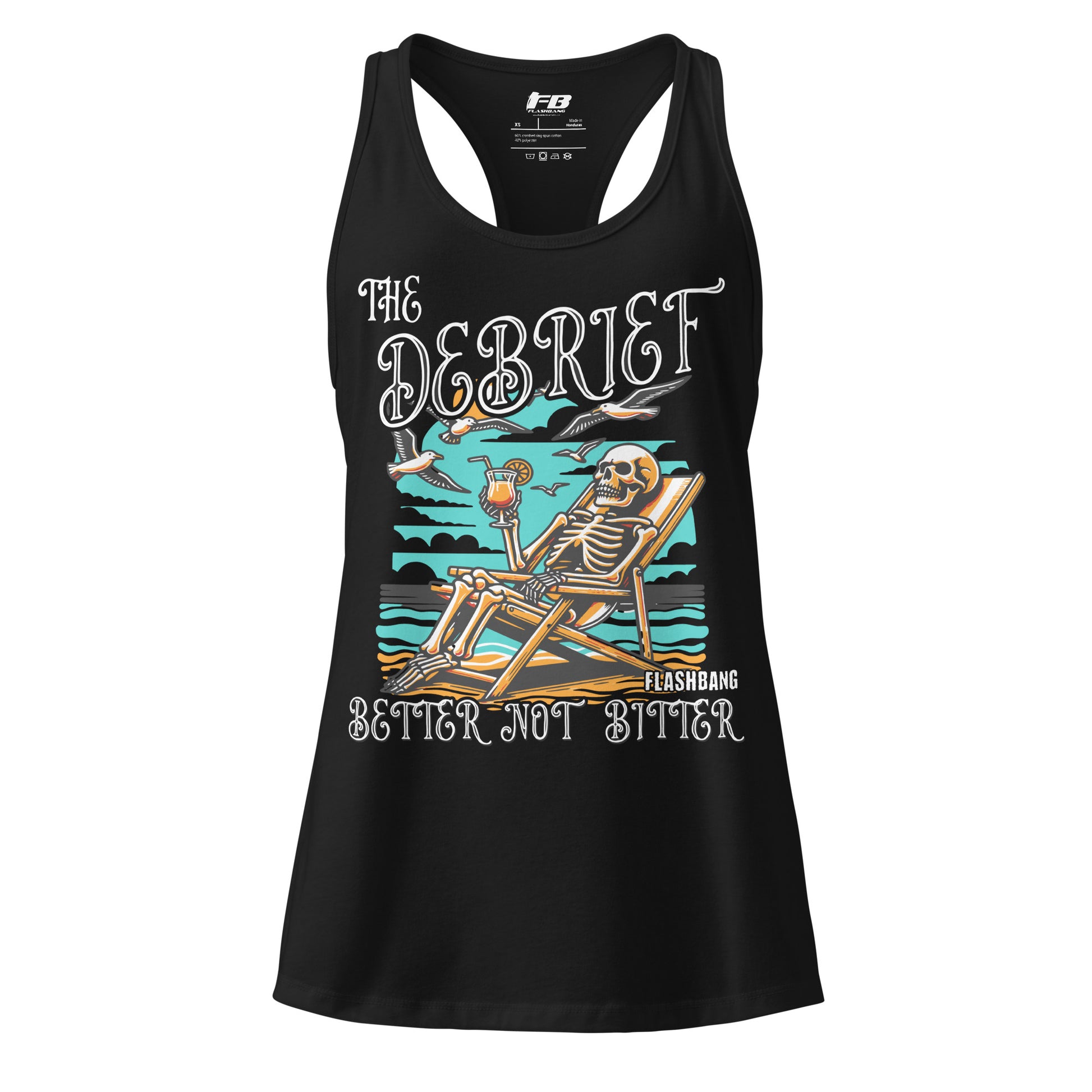 Black tank top with skeleton design and text on a white background