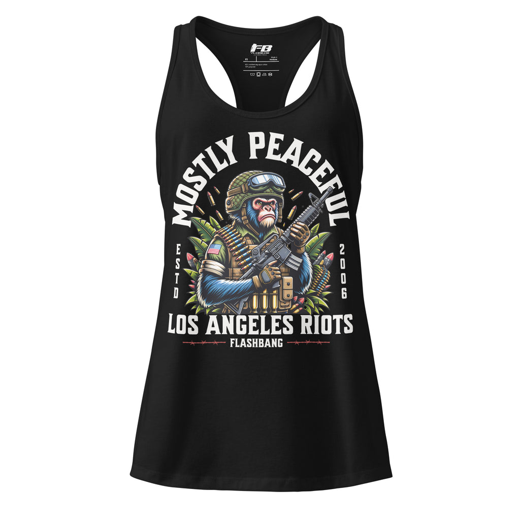 Black tank top with a graphic design of a monkey holding a gun and text on a white background