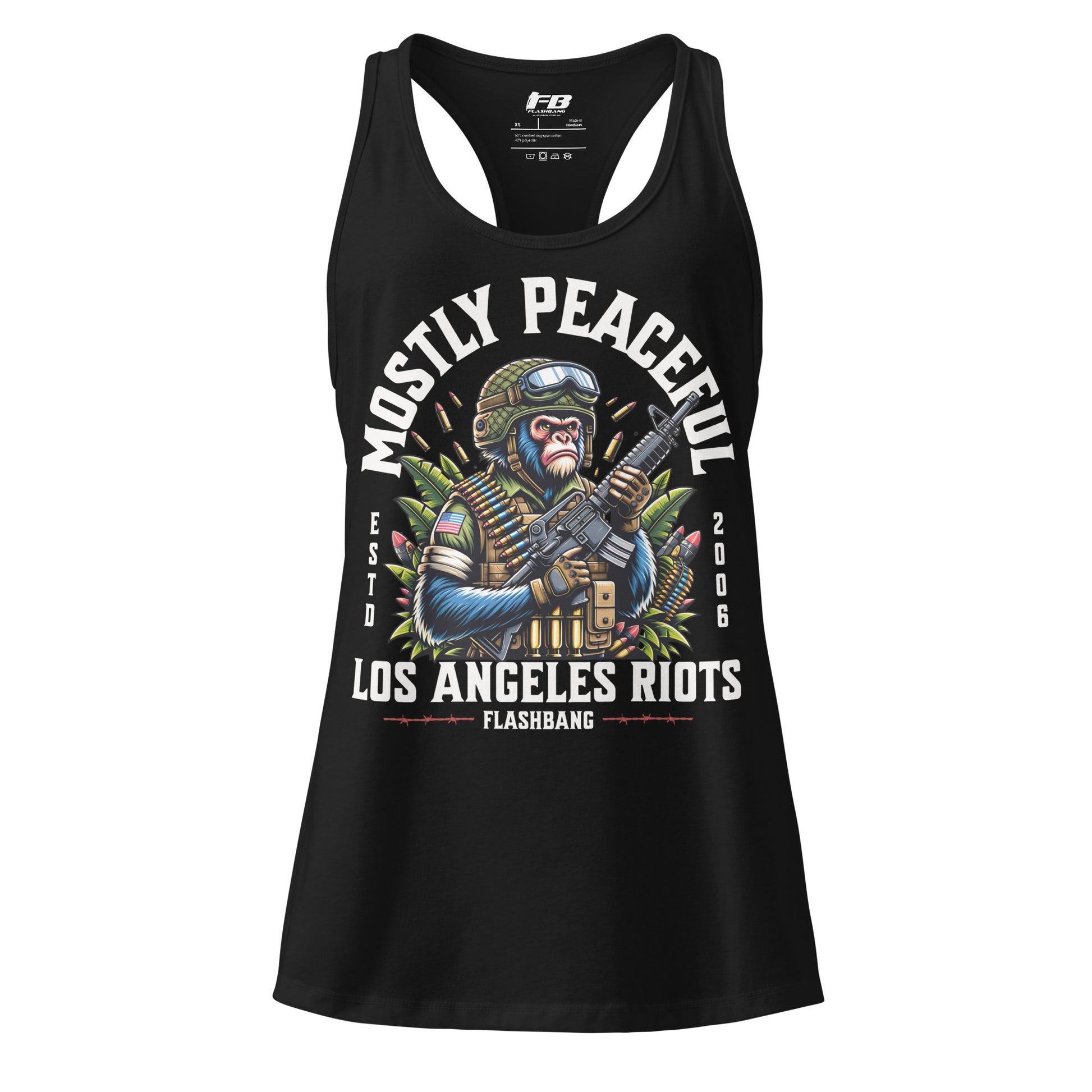 Black tank top with a graphic design of a monkey holding a gun and text on a white background