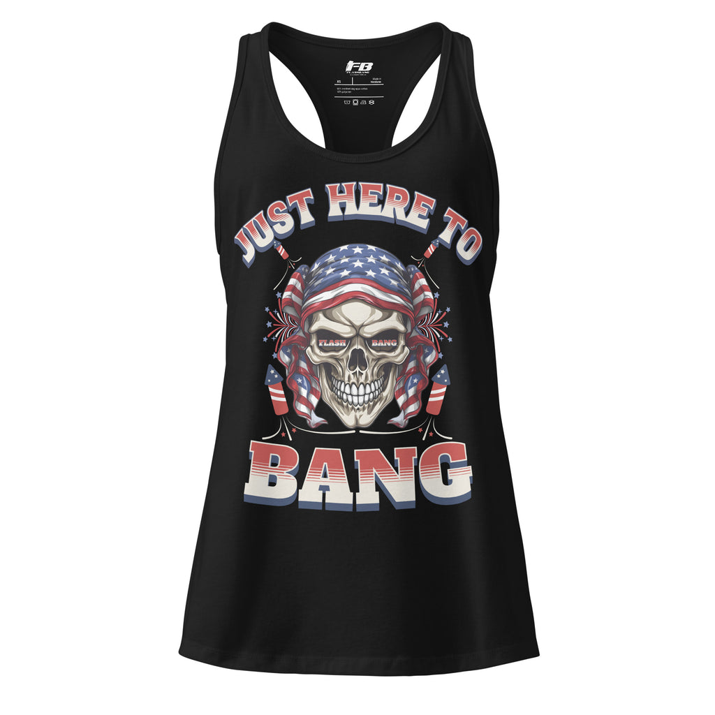 Black tank top with skull design and text 'Just Here To Bang' on a white background