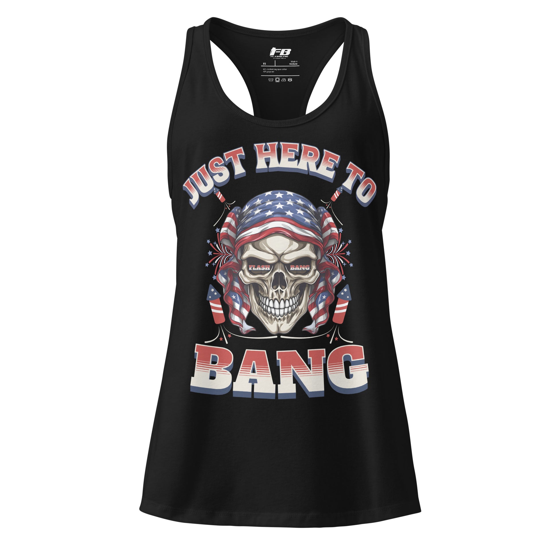 Black tank top with skull design and text 'Just Here To Bang' on a white background