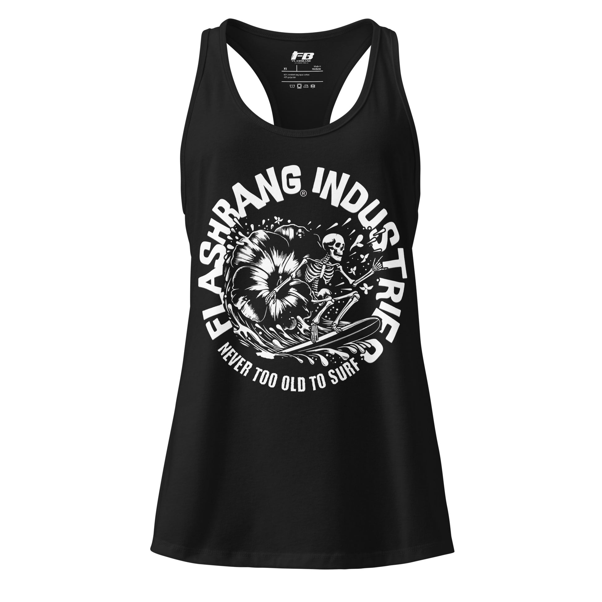 Black tank top with graphic design and text on a white background