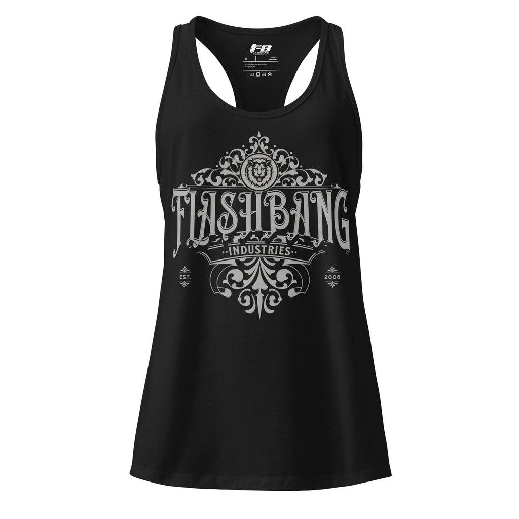 Black tank top with 'Flashbang Industries' graphic design on a white background