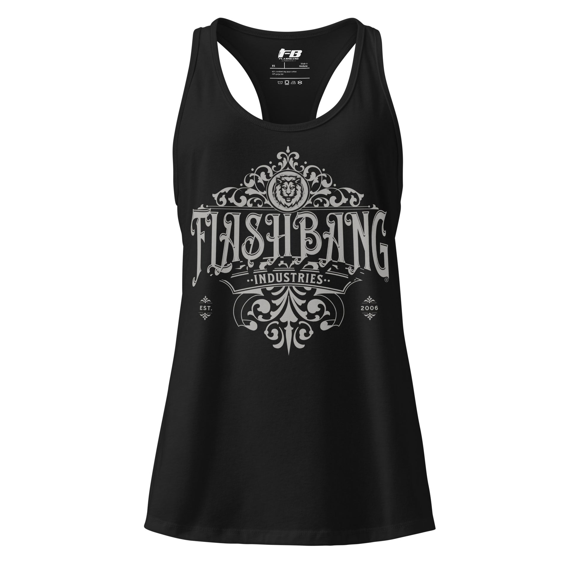 Black tank top with 'Flashbang Industries' graphic design on a white background