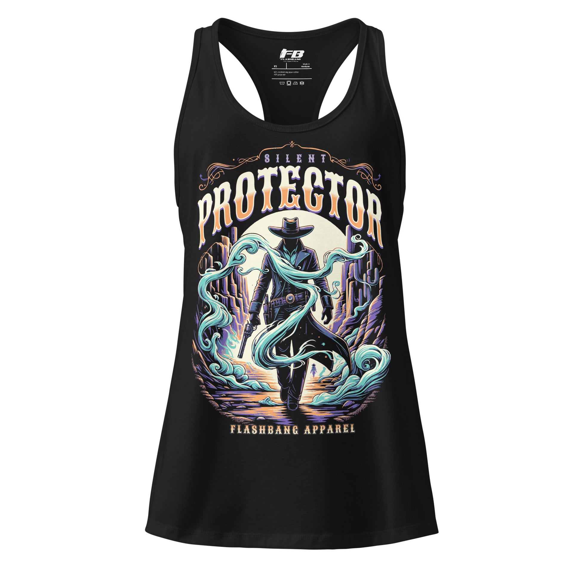 Black tank top with a colorful graphic design featuring a silhouette of a person in a cowboy hat and long coat, with text 'Silent Protector' and 'Flashbang Apparel'.