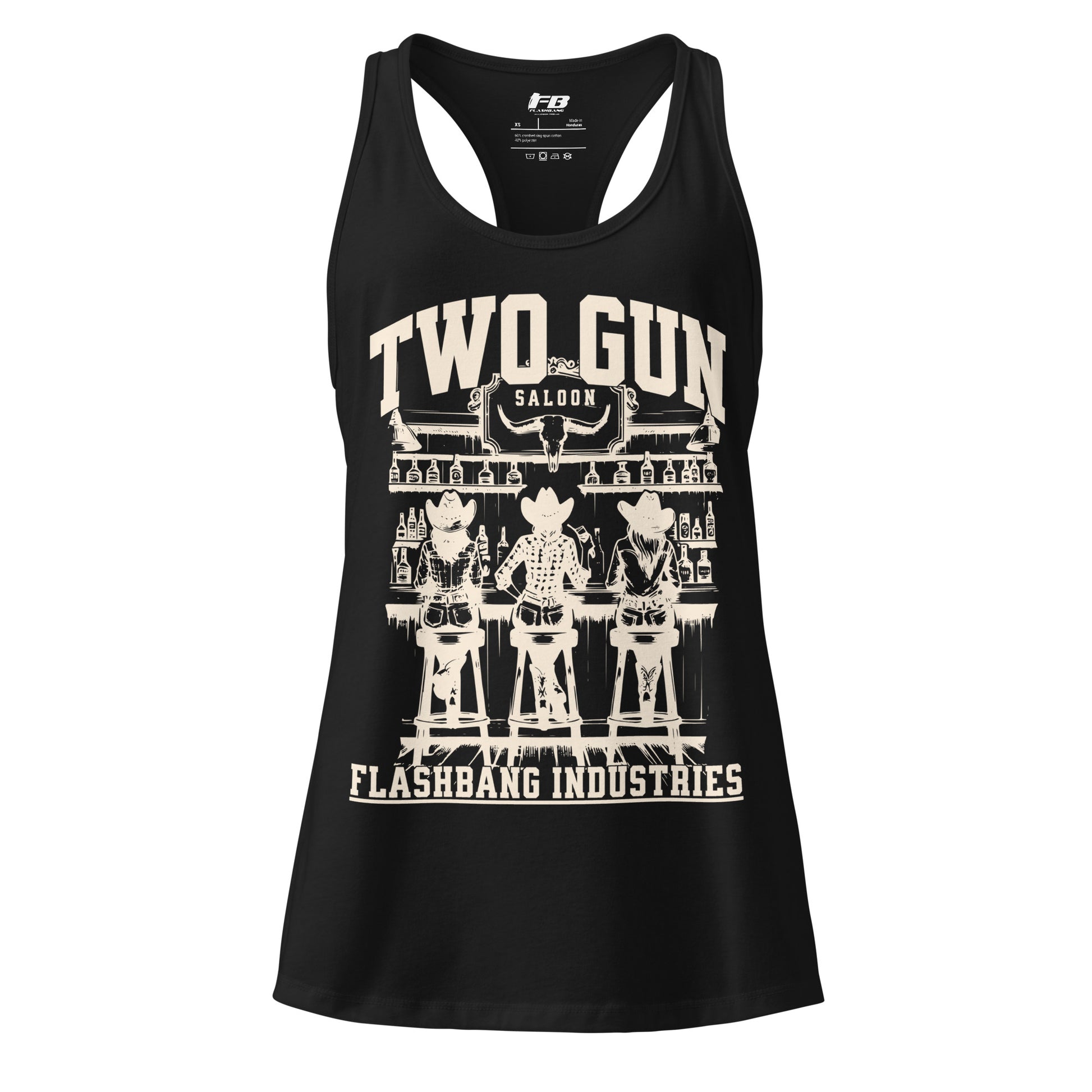 Black tank top with white graphic design and 'Flashbang Industries' branding on a white background