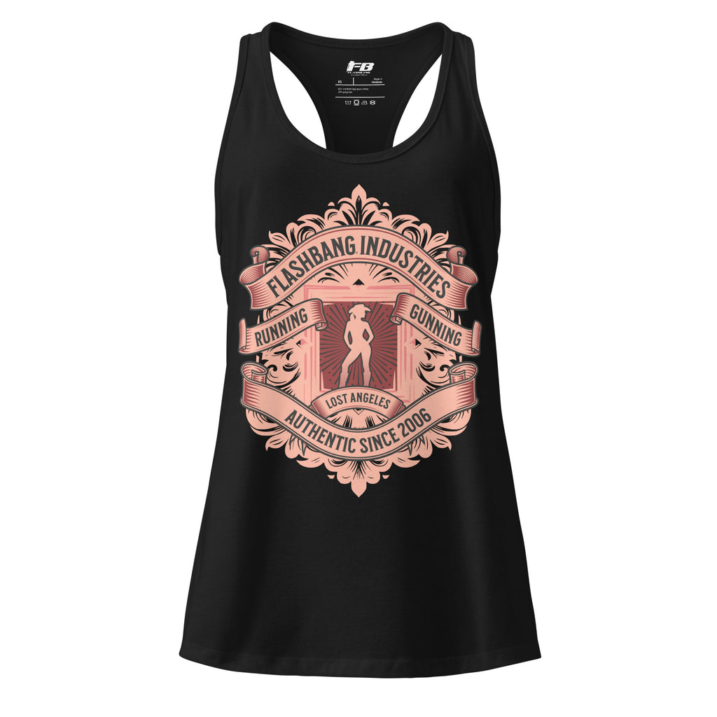 Black tank top with pink graphic design on a white background
