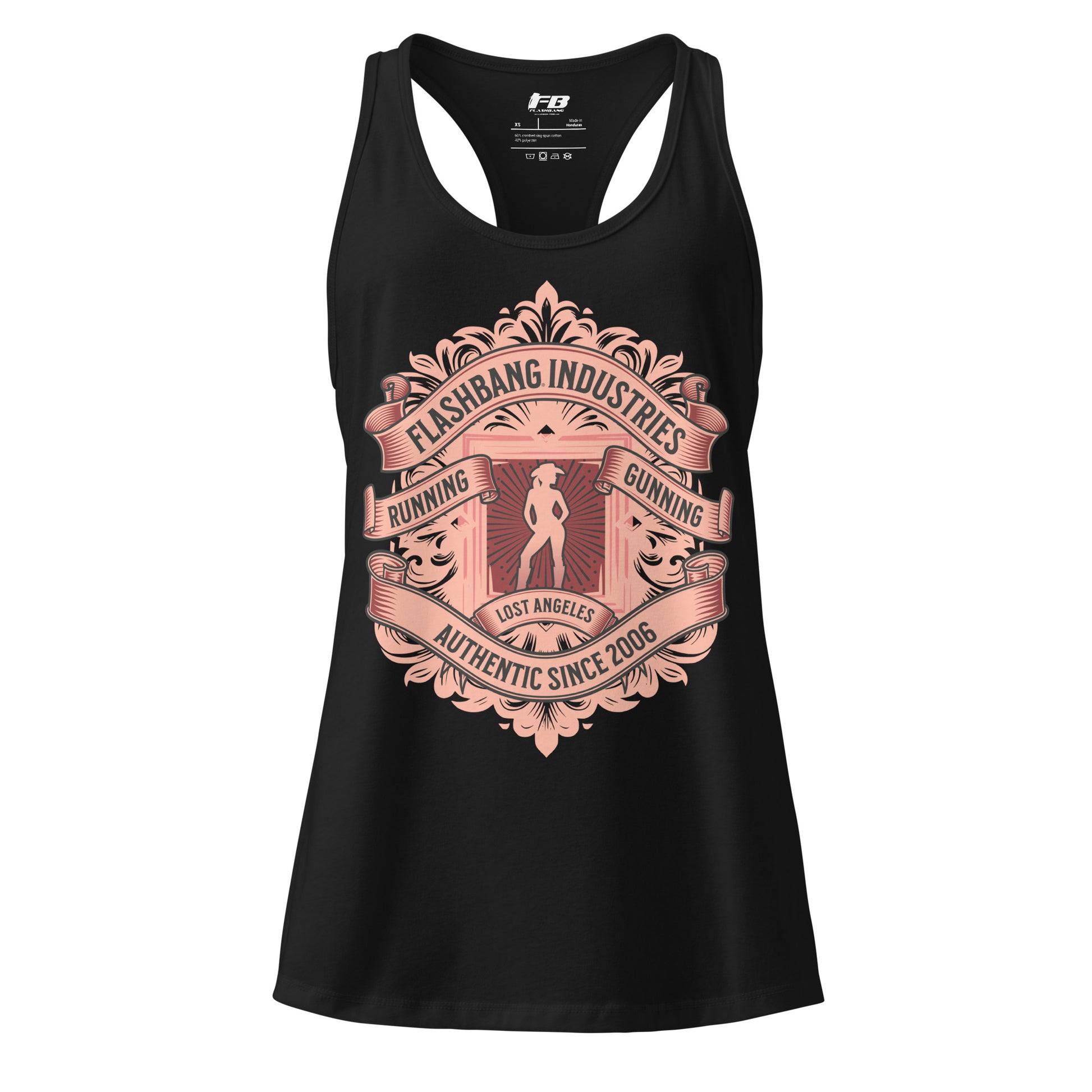 Black tank top with pink graphic design on a white background
