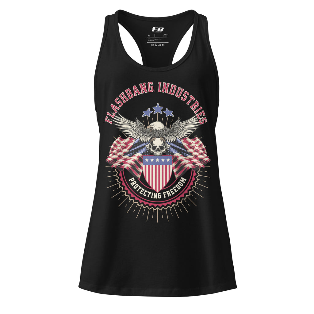 Black tank top with patriotic design and 'Flashbang Industries' branding on a white background