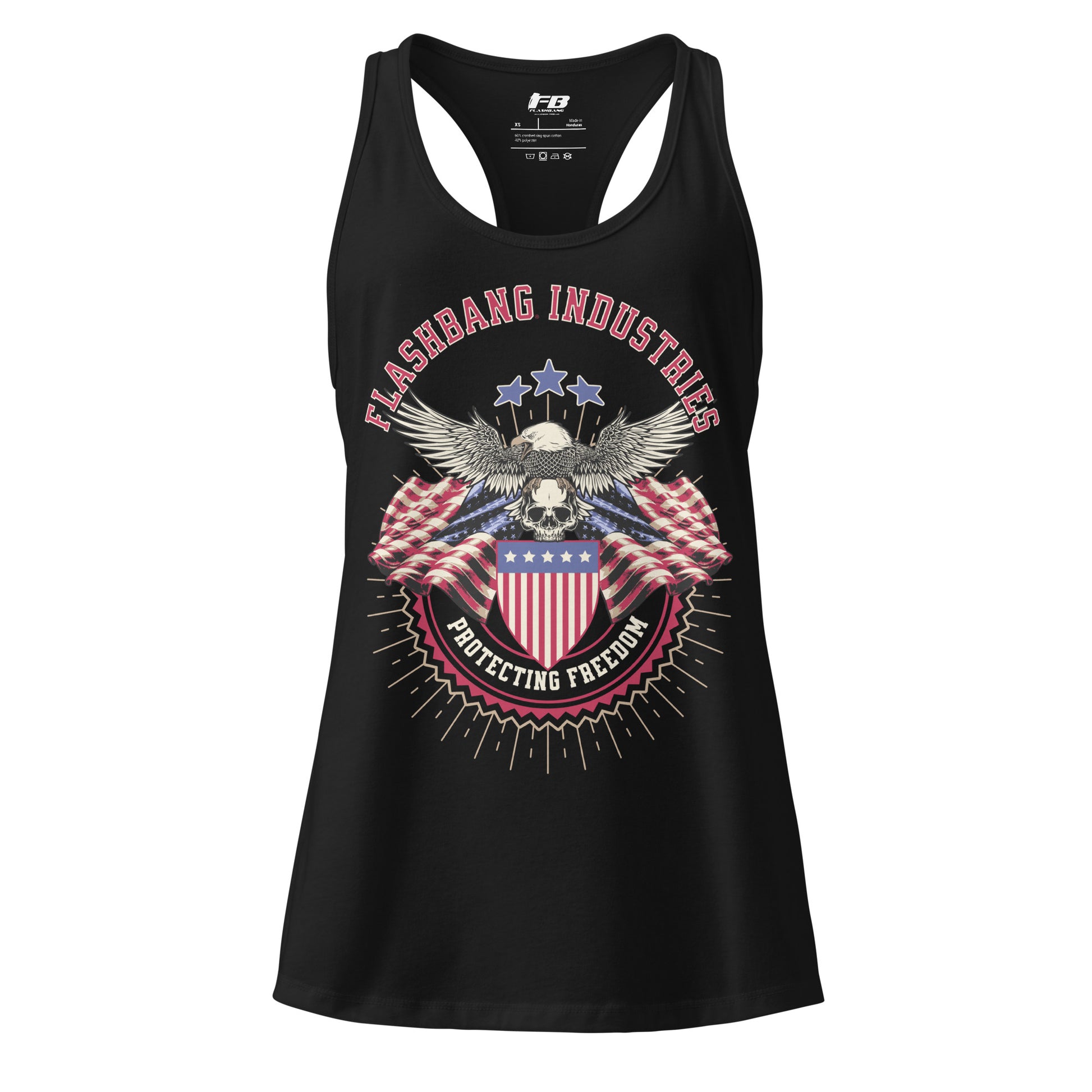 Black tank top with patriotic design and 'Flashbang Industries' branding on a white background
