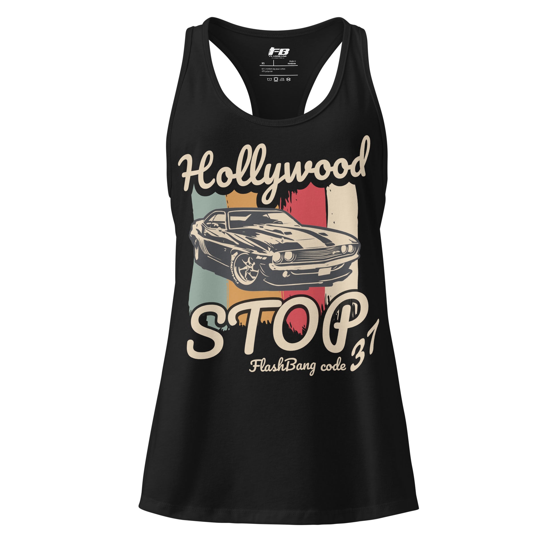 Black tank top with vintage car graphic and text on a white background